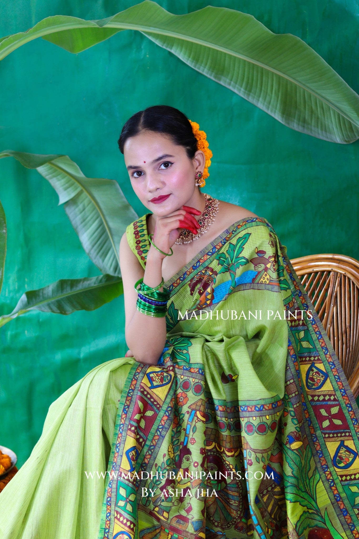 HARIYALI CHHATH Handpainted Madhubani Chanderi Saree Blouse Set