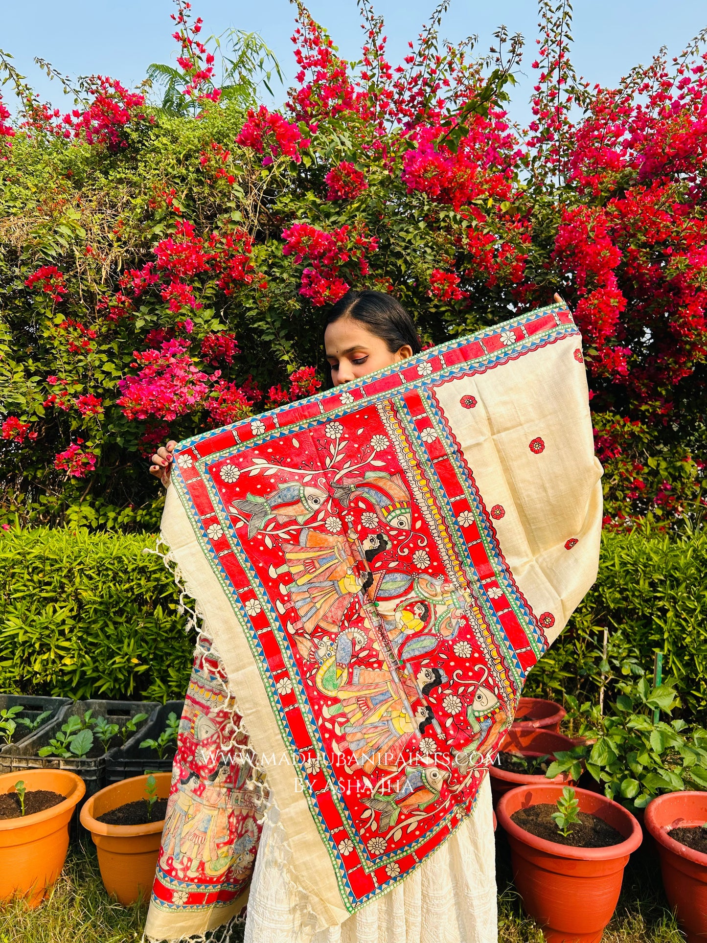 'DOli KA HAAR' Handpainted Madhubani Tussar Silk Dupatta