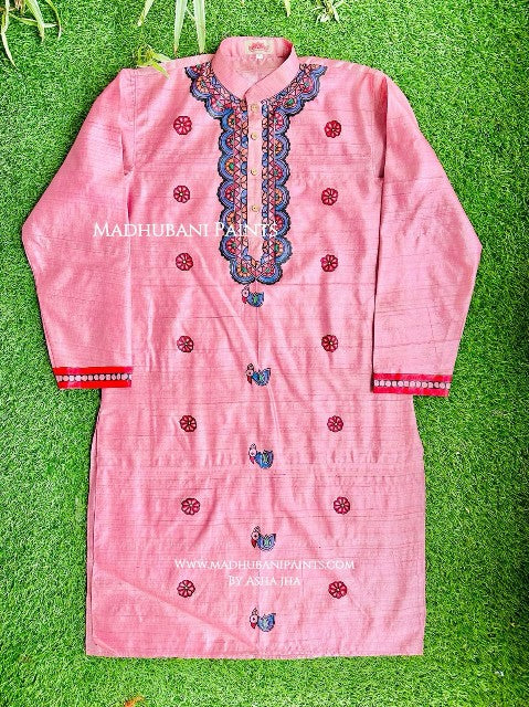 Pink Mithila Flowers Hand-painted Madhubani Men's Tussar Silk Kurta