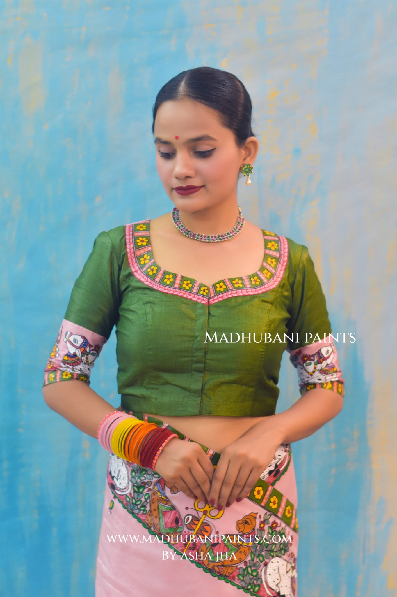 UMAMAHESHWAR ARDHNARISHWAR Hand-painted Madhubani Tussar Silk Saree Blouse Set