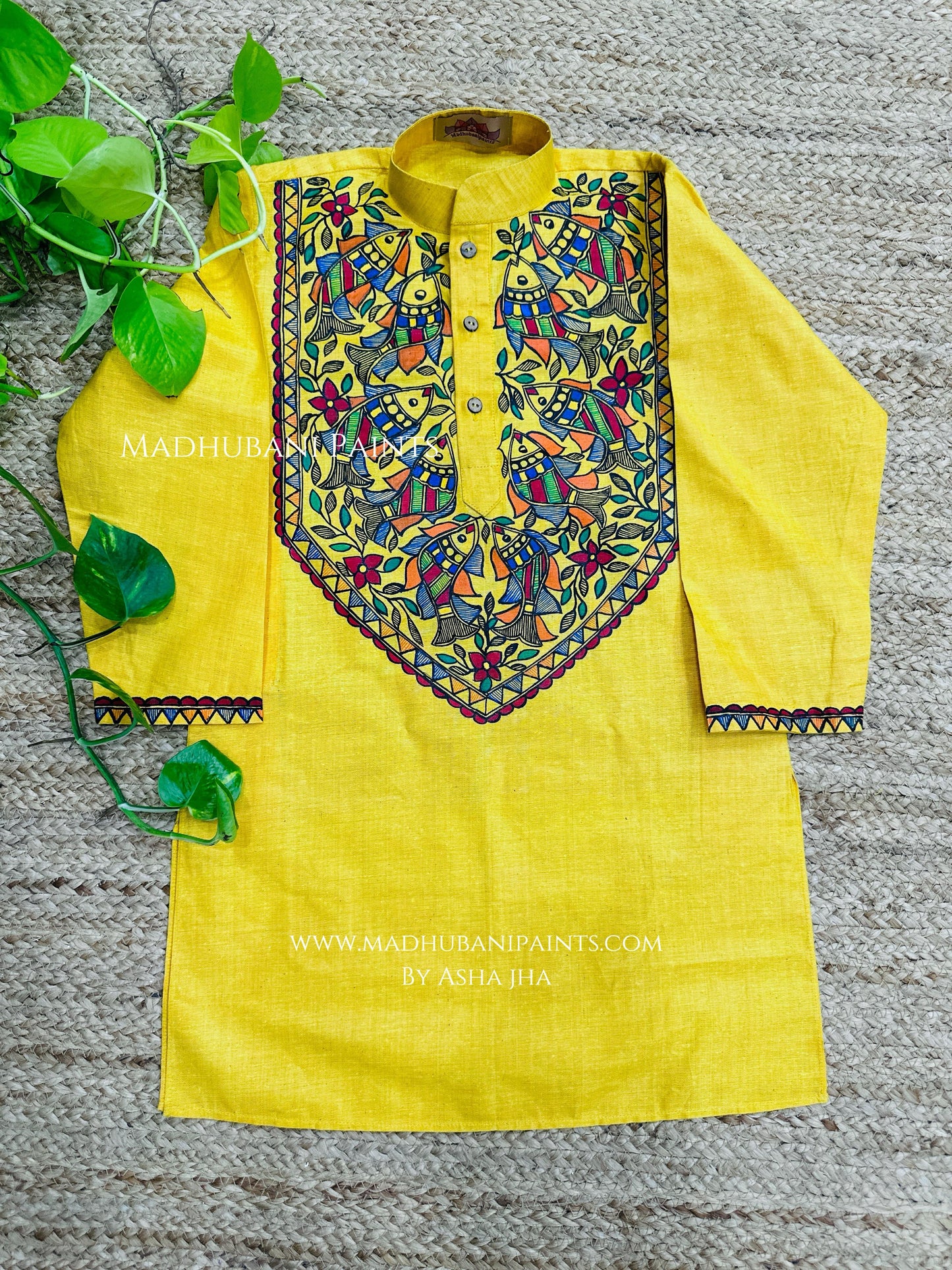 Yellow Multicoloured Fish Hand-painted Handloom Men's Cotton Kurta