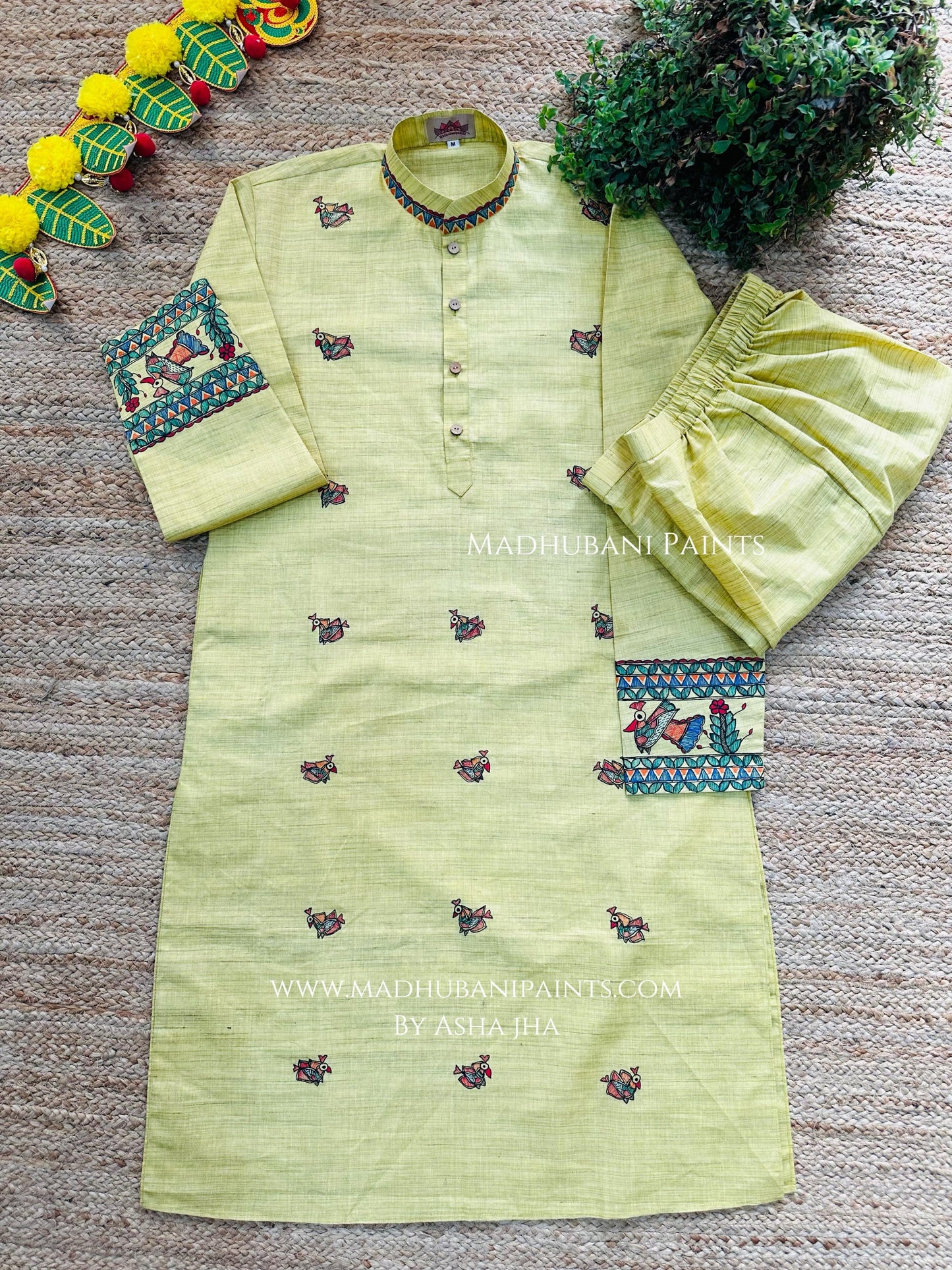 Yellow Mayuri Hand-painted Handloom Men's Cotton Kurta