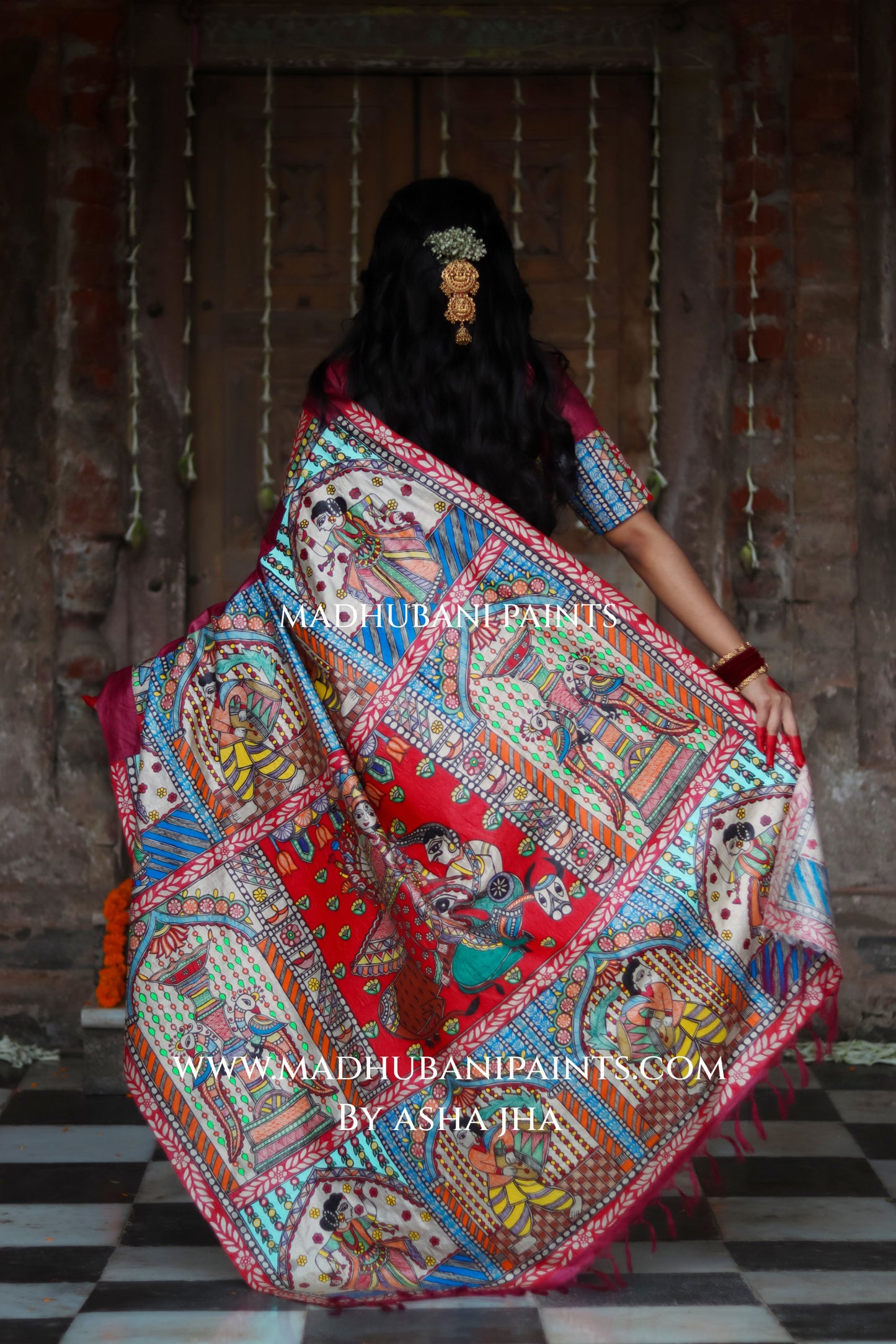 KAMAKHYA Handpainted Tussar Silk Madhubani Saree Blouse Set