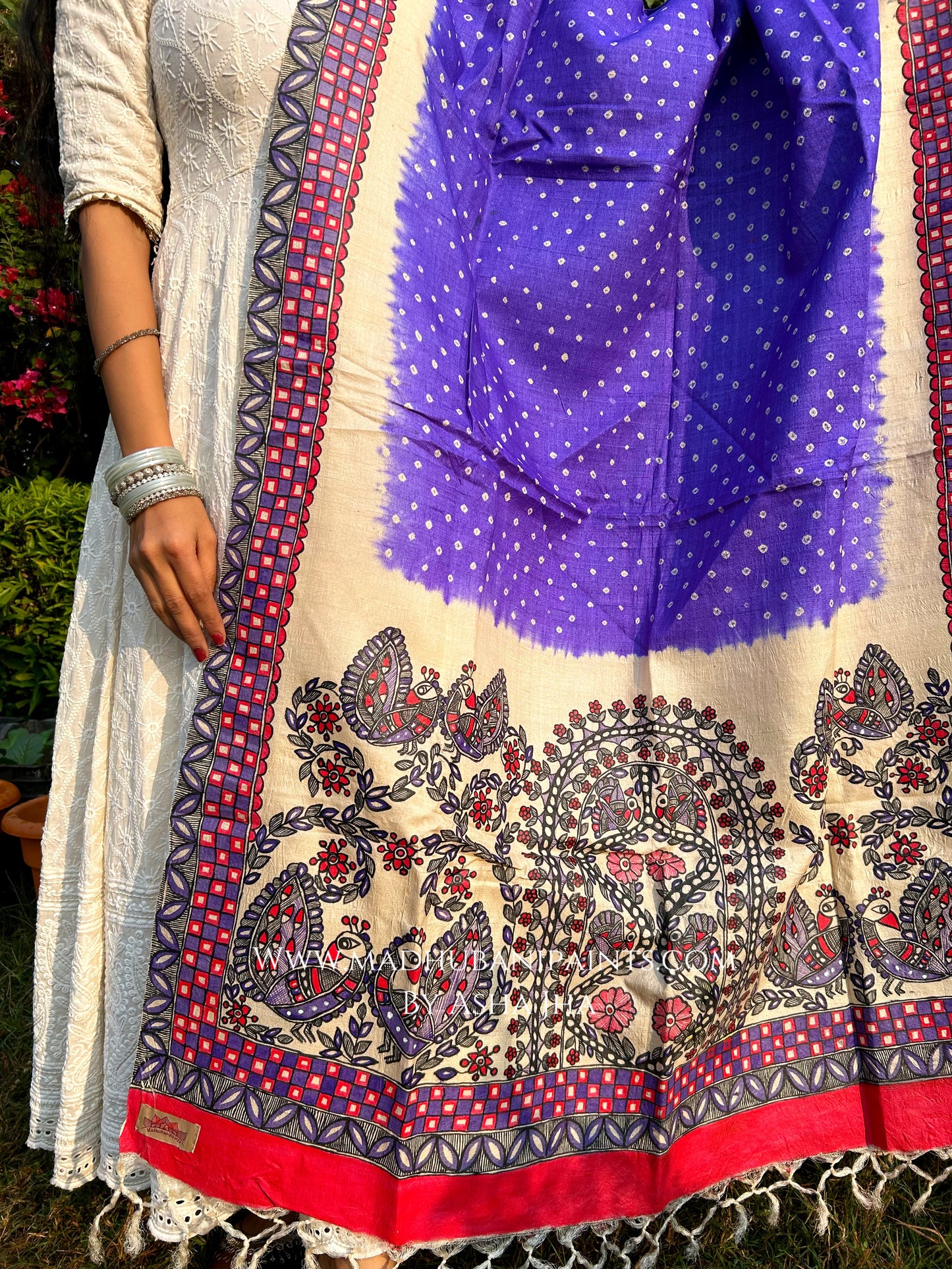 'BANDHINI MAYURI' Handpainted Madhubani Tussar Silk Dupatta