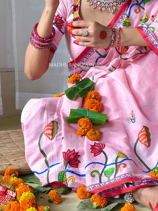 Madhushravani Pink Bridal Hand-painted Madhubani Painting Cotton Saree Blouse Set
