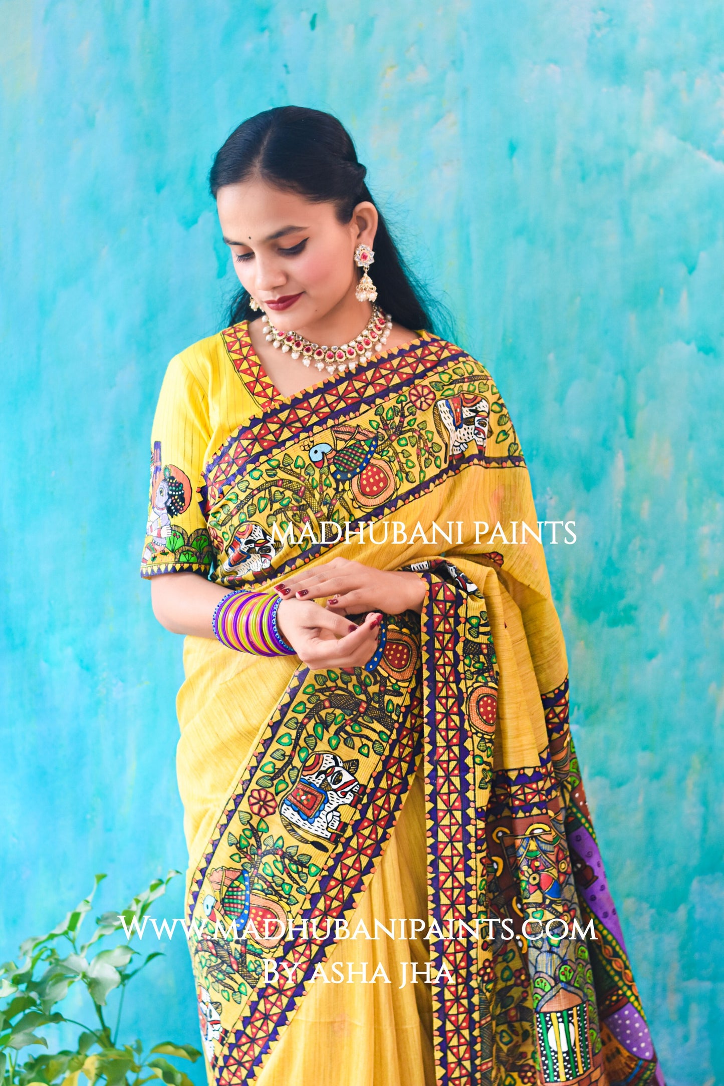 NANDLAAL KANHAIYA Handpainted Madhubani Chanderi Silk Saree Blouse Set