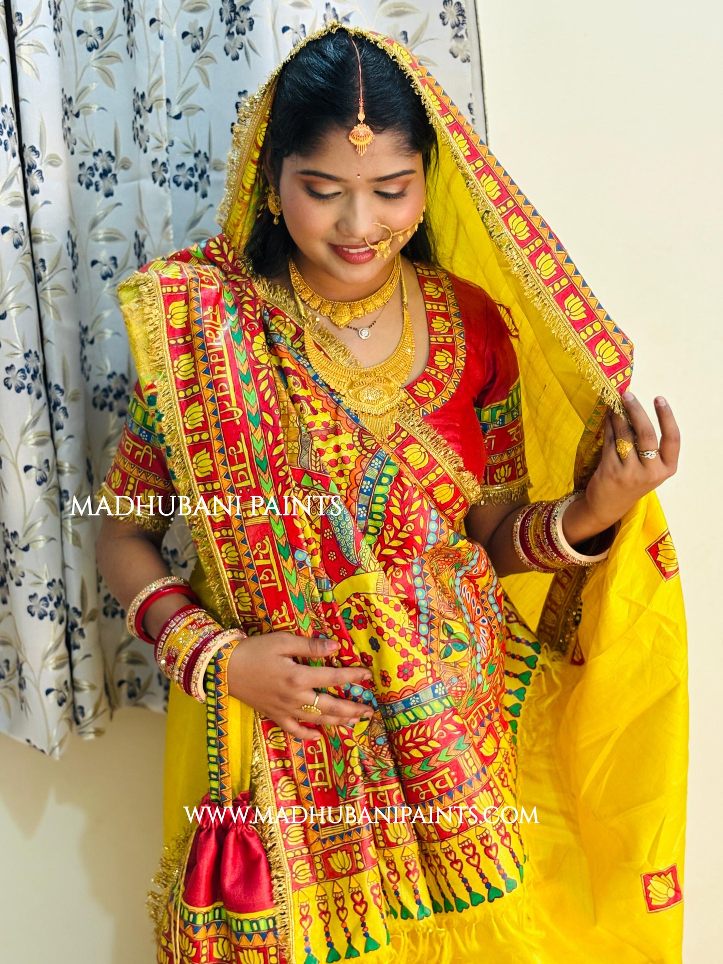MITHILA VIVAH SINDOORDAAN Hand-painted Madhubani Tussar Silk Saree Blouse Set