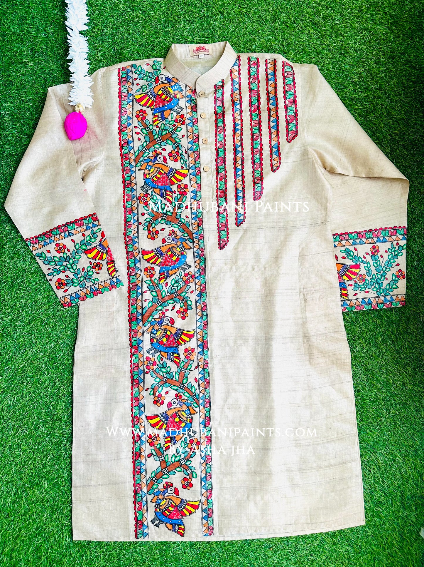 Beige Mayuri Hand-painted Handloom Men's Tussar Silk Kurta