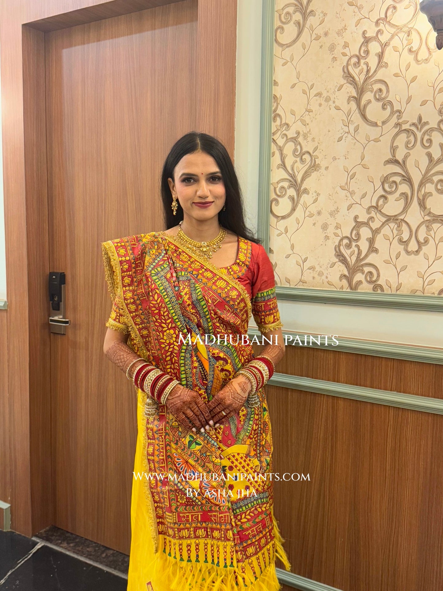 MITHILA VIVAH SINDOORDAAN Hand-painted Madhubani Tussar Silk Saree Blouse Set