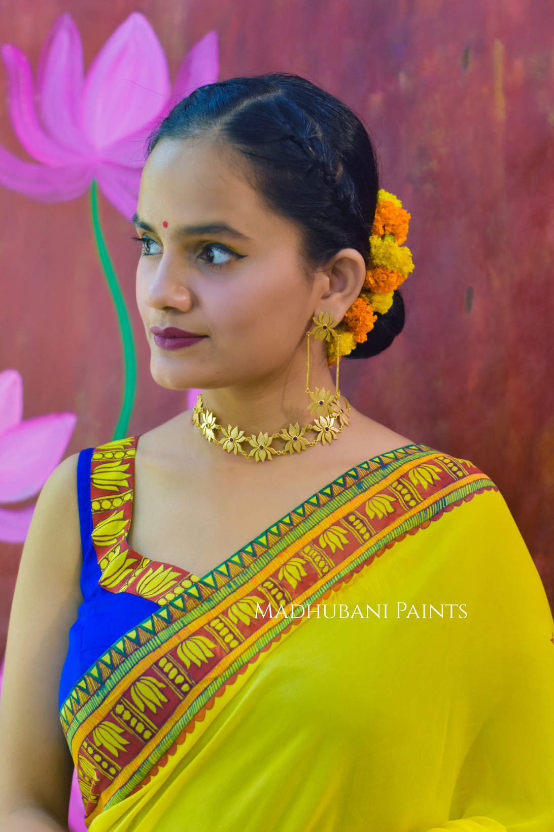 BHAKTI BHAVA Chhath Puja Hand painted Madhubani Georgette Saree Blouse Set