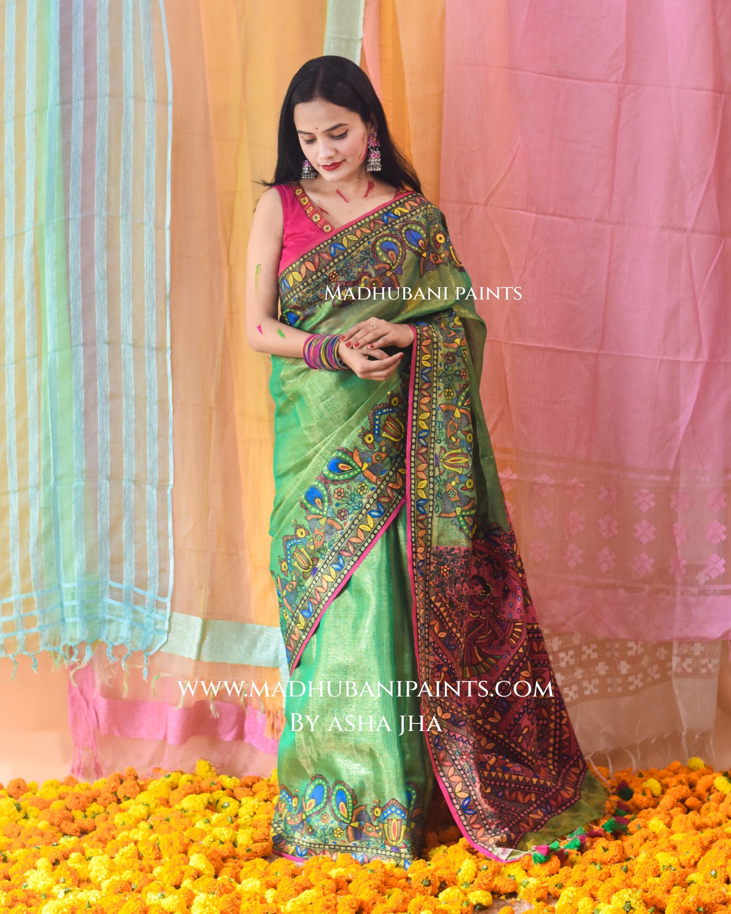 GULAL Hand-painted Madhubani Tissue Linen Saree
