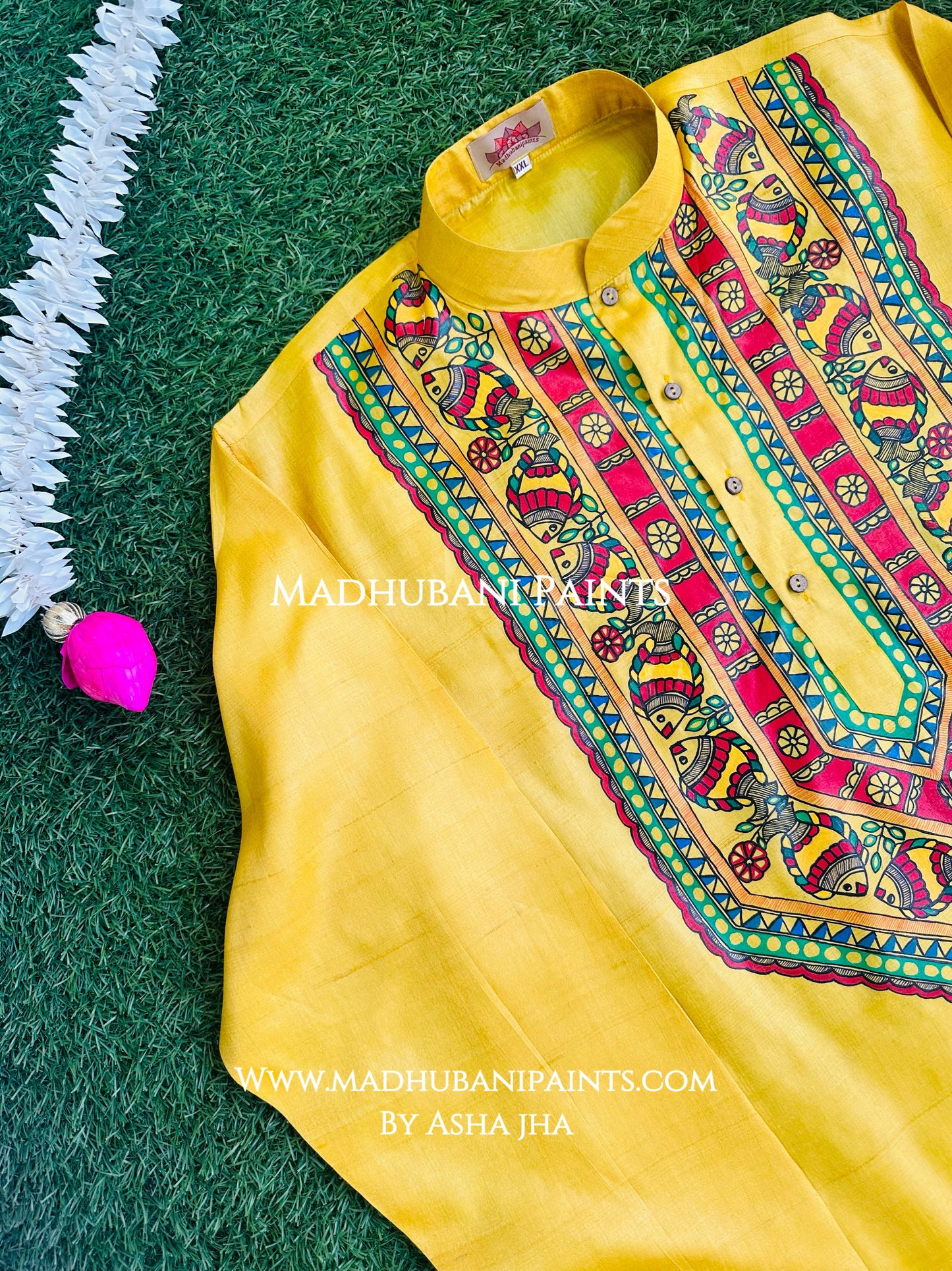 Yellow Fish Hand-painted Handloom Men's Tussar Silk Kurta