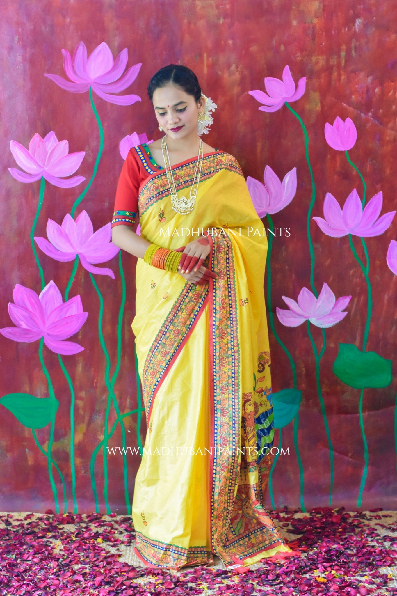 SURYA KIRAN Chhath Puja Hand painted Madhubani Mul Cotton Saree Blouse Set
