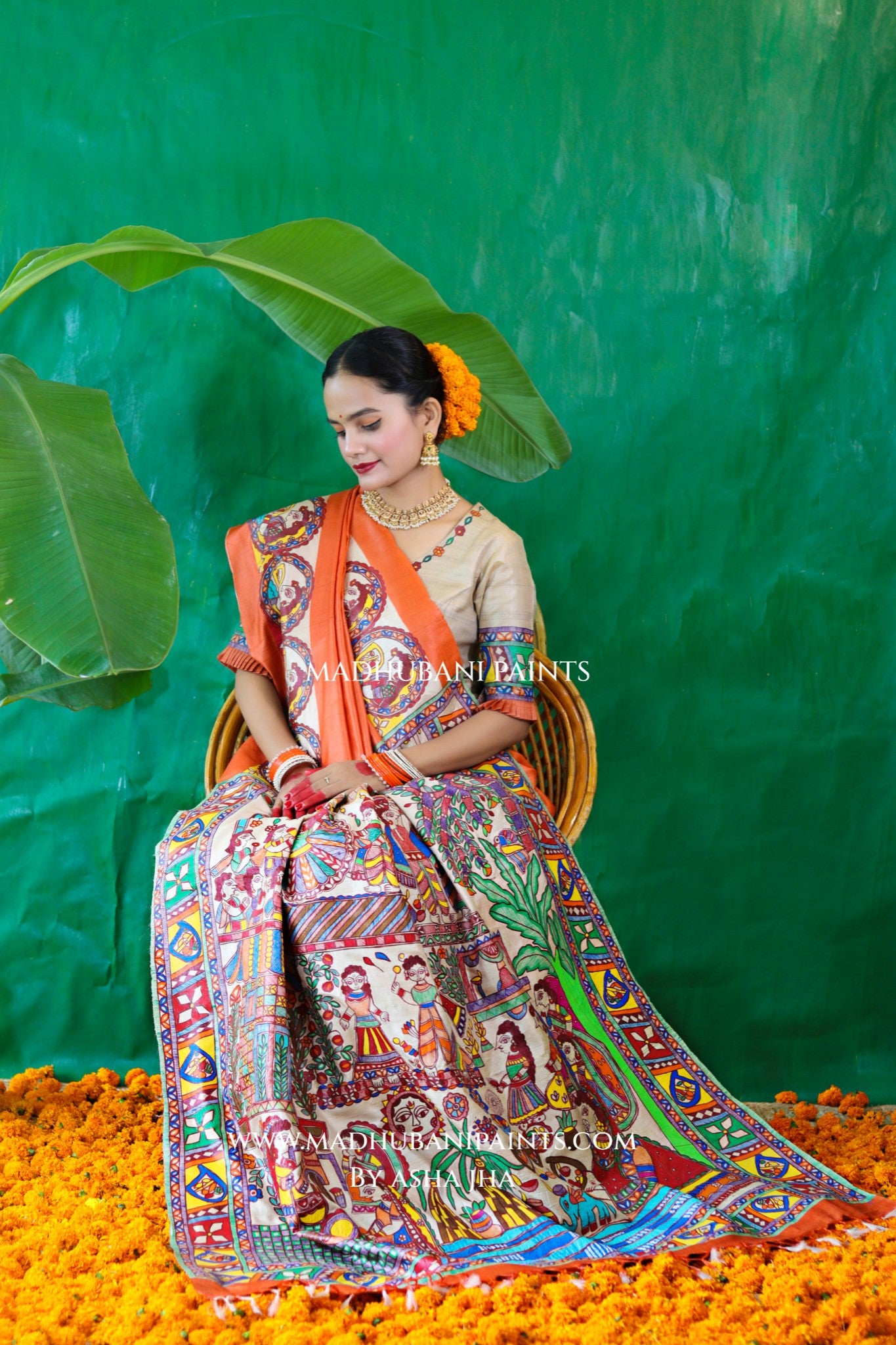 CHHATH PAWAN Handpainted Madhubani Tussar Silk Saree Blouse Set
