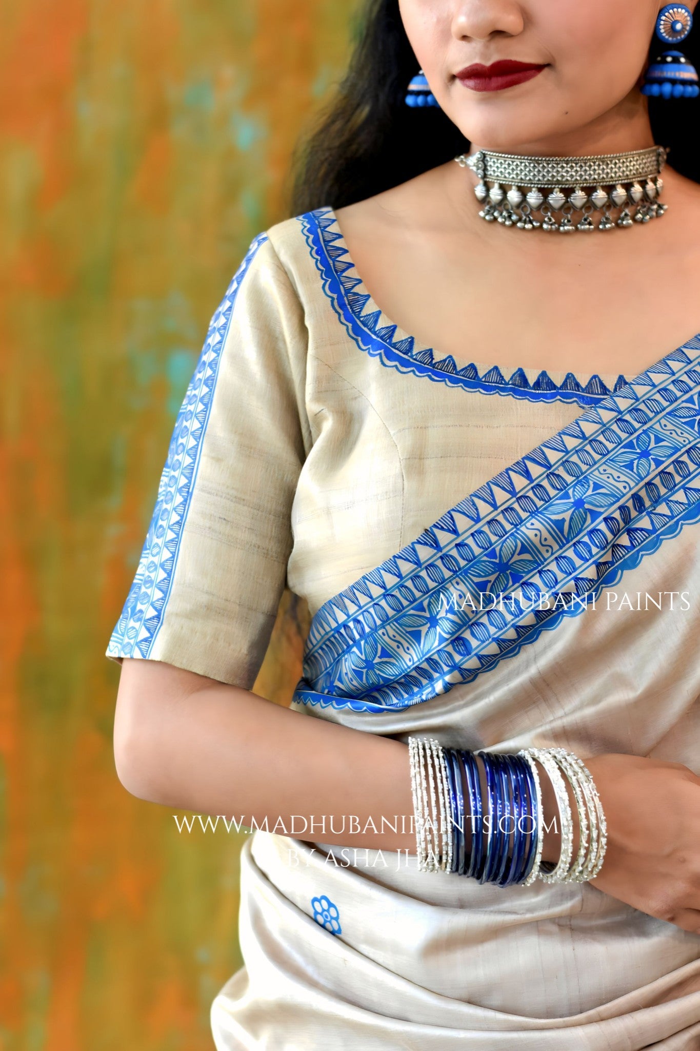 KAMAL LEELA Hand-painted Madhubani Tussar Silk Saree Blouse Set