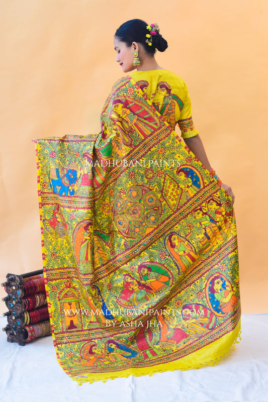 SAUBHAGYAVATI BHAVA Hand-painted Madhubani Tussar Silk Saree