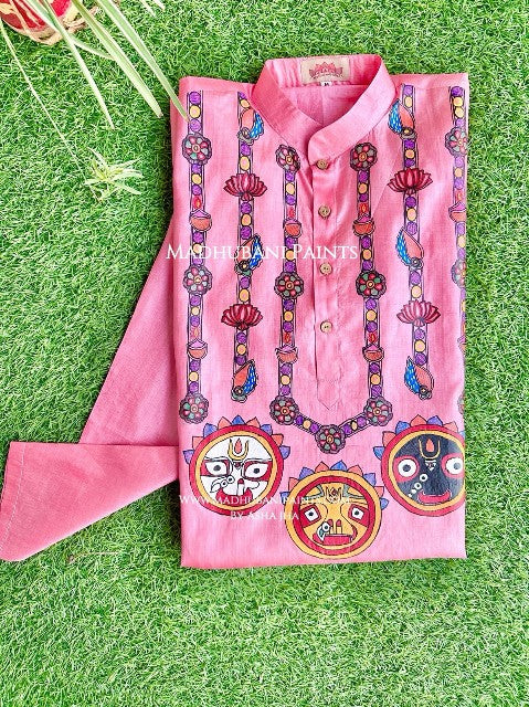 Pink Lord Jagannatha Hand-painted Madhubani Men's Tussar Silk Kurta