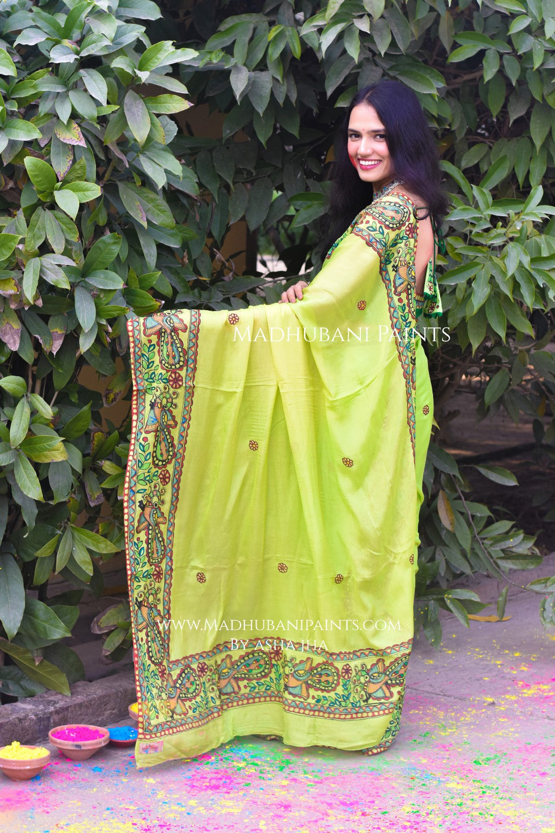 MADHUMAS Hand-painted Madhubani Chiffon Saree