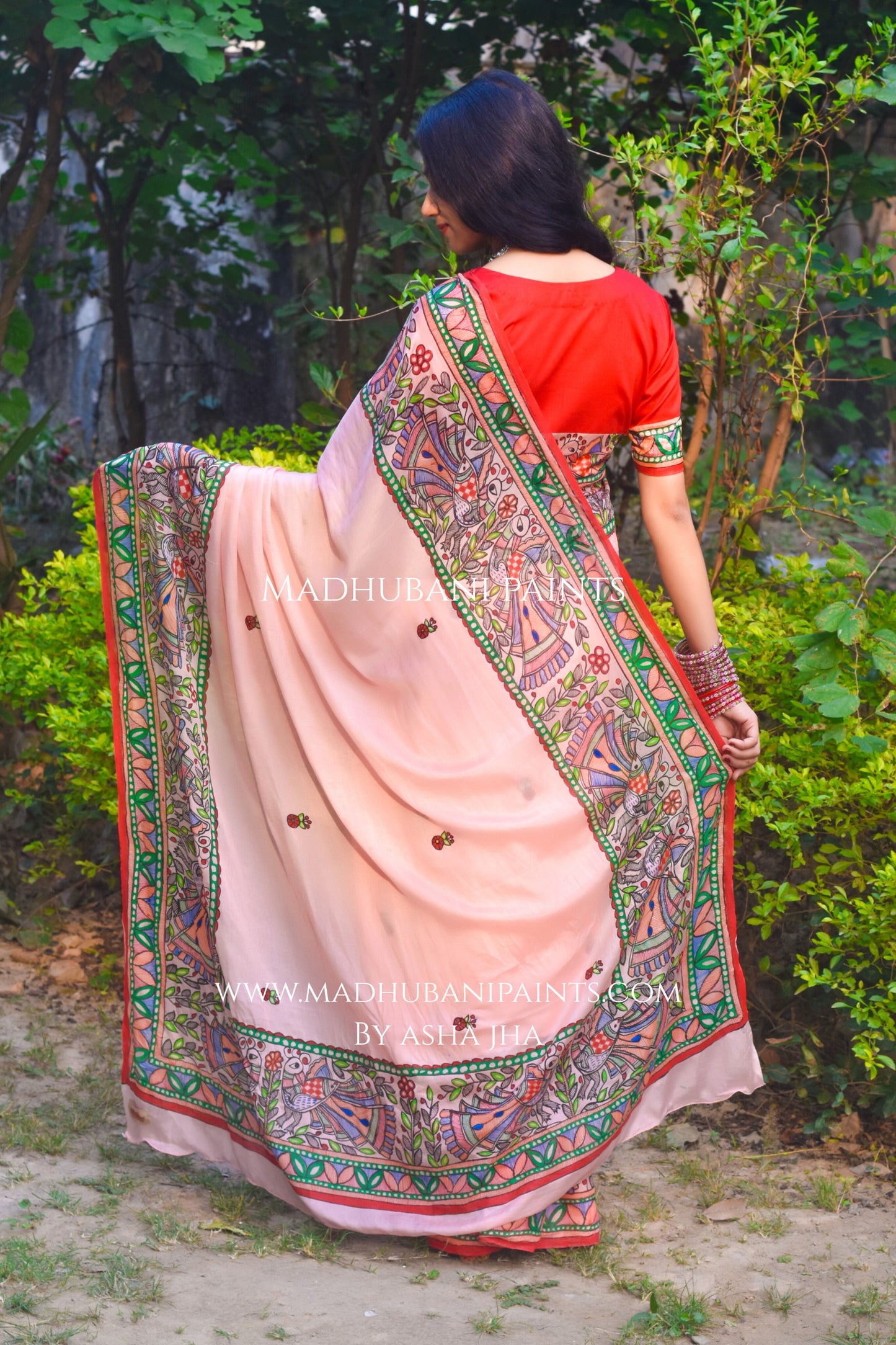 Gulabi Mor Hand-painted Madhubani Chiffon Saree Blouse Set