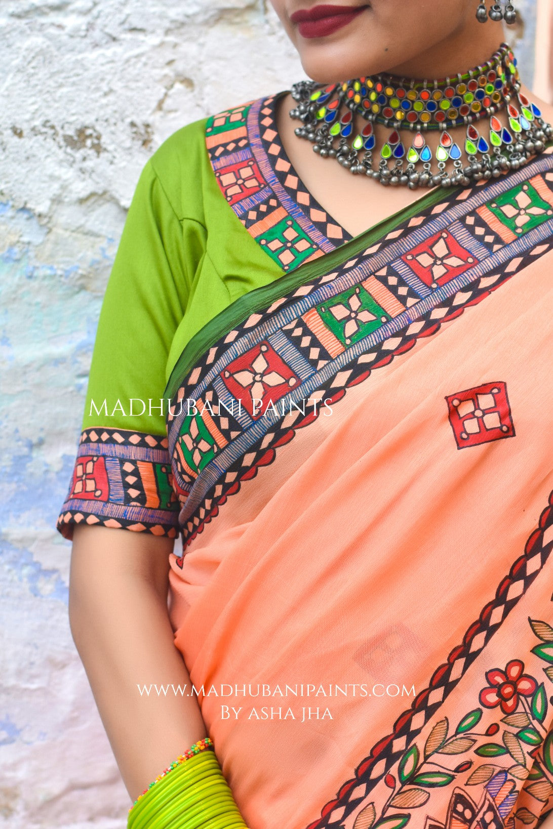 Radha Raman Prem Manjari Hand-painted Madhubani Chiffon Saree Blouse Set
