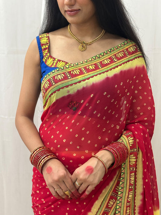 BHAKTI BHAVA Chhath Puja Hand painted Madhubani Bandhini Georgette Saree