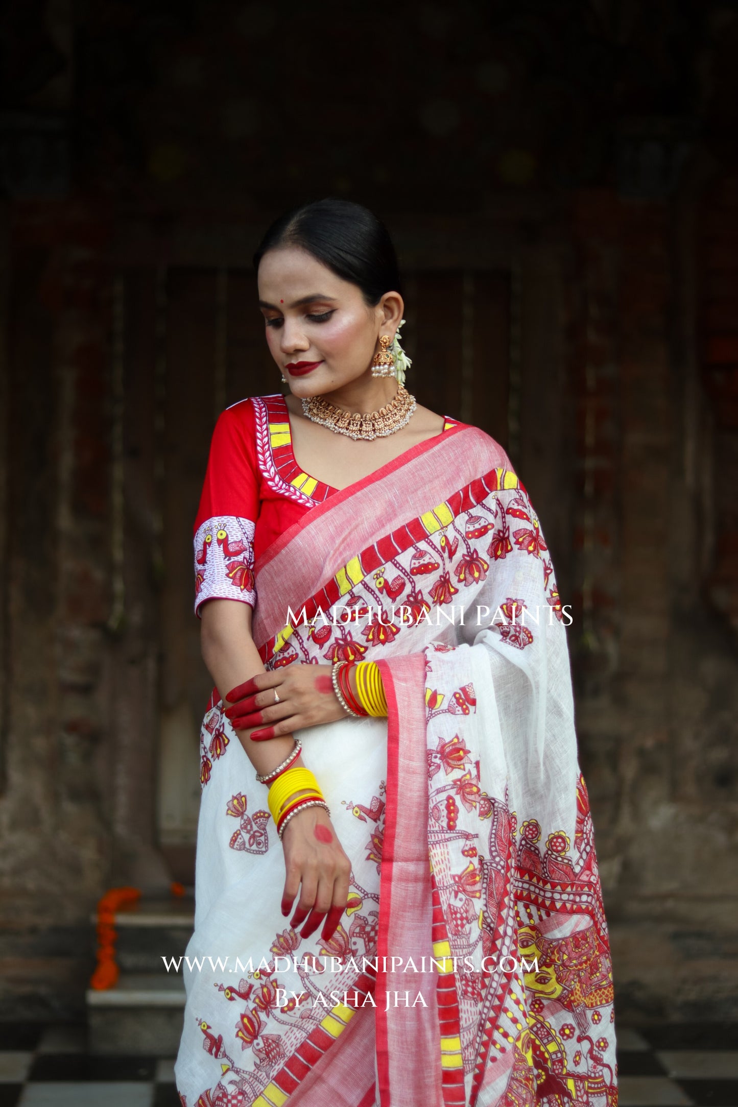 KAMLA Handpainted Linen Madhubani Saree Blouse Set