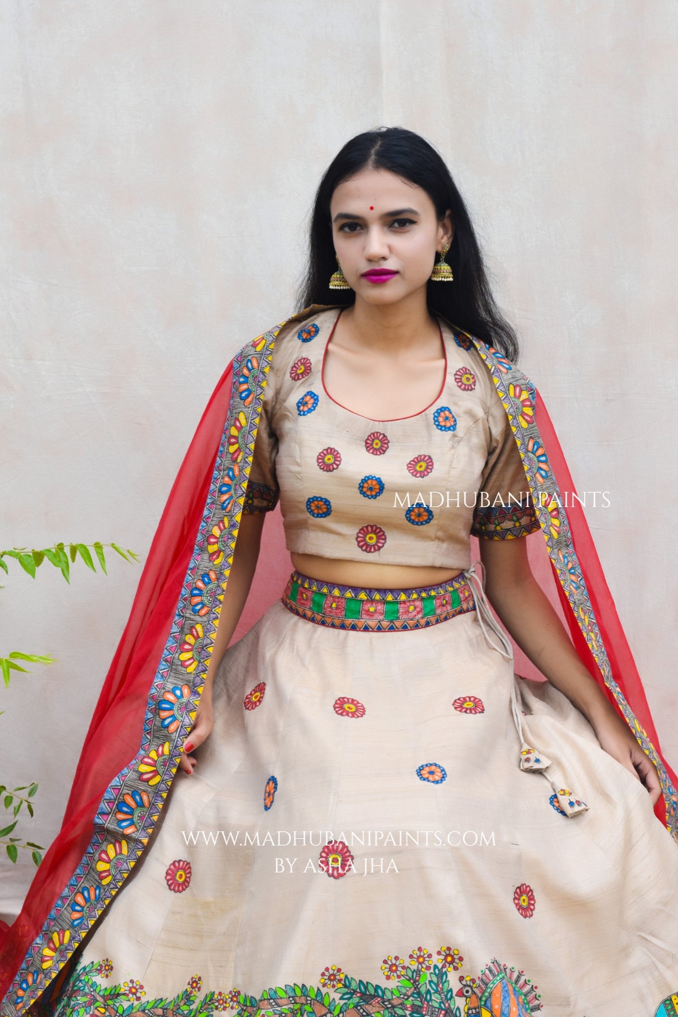 RADHA KRISHNA SANGEET Hand-painted Madhubani Lehnga