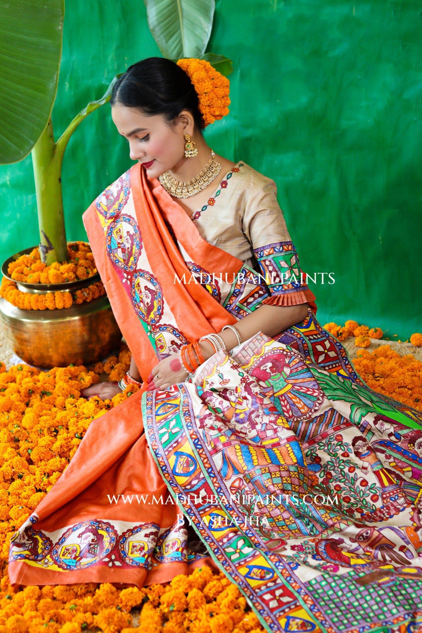 CHHATH PAWAN Handpainted Madhubani Tussar Silk Saree Blouse Set