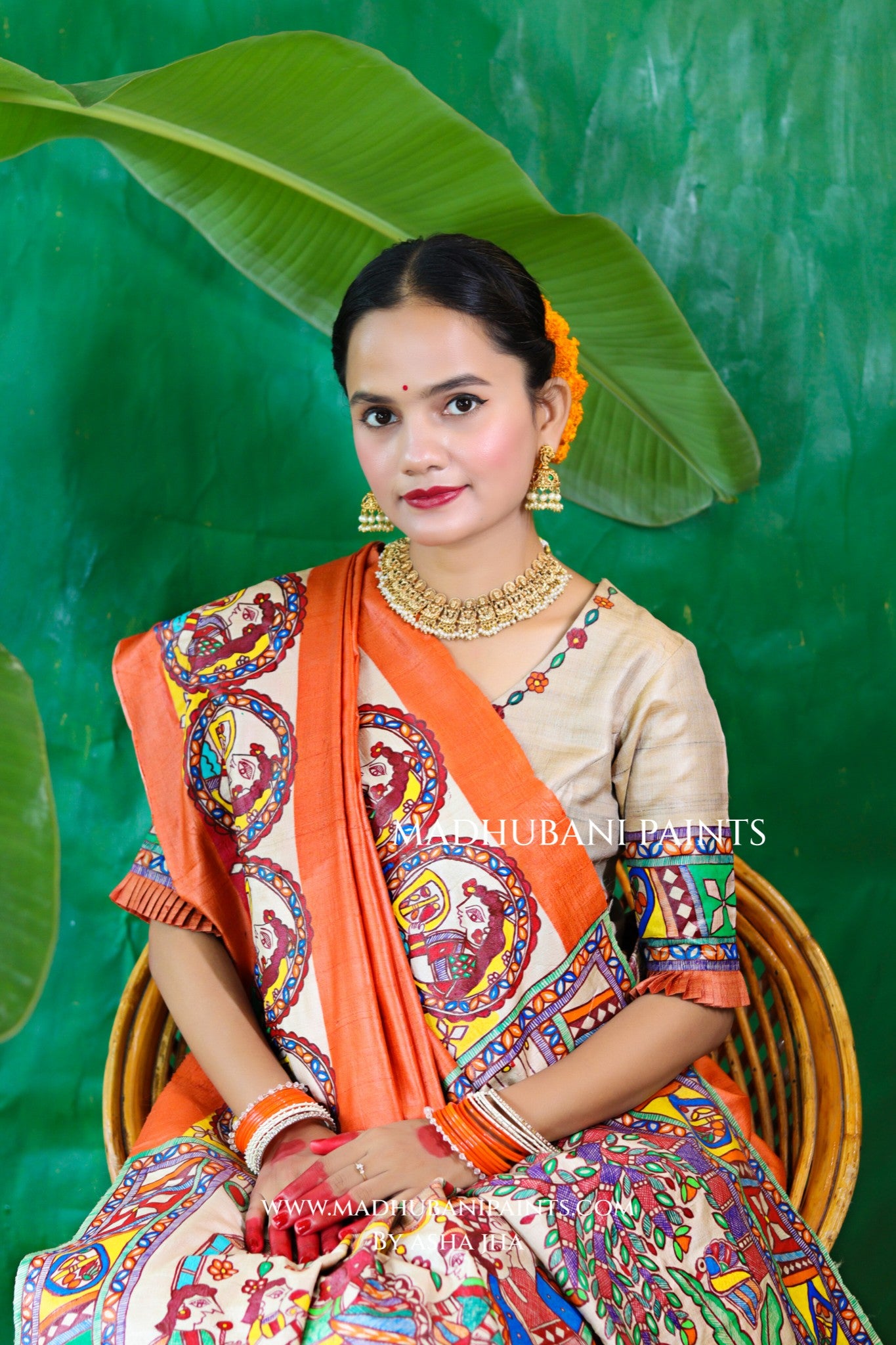 CHHATH PAWAN Handpainted Madhubani Tussar Silk Saree Blouse Set