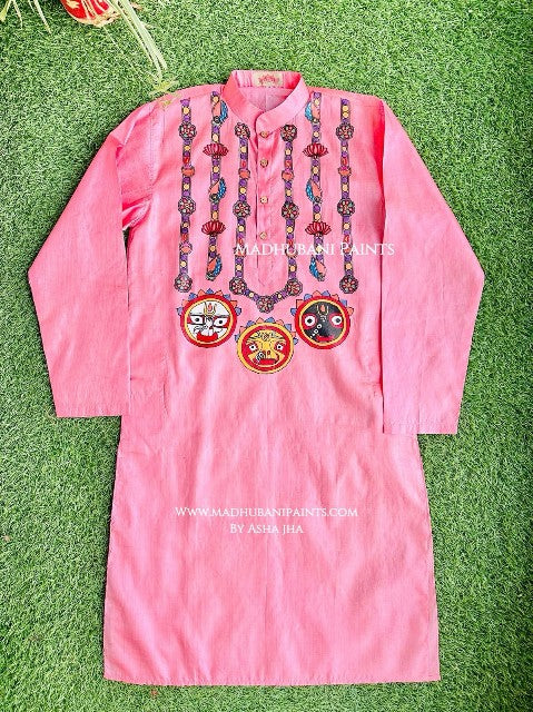 Pink Lord Jagannatha Hand-painted Madhubani Men's Tussar Silk Kurta