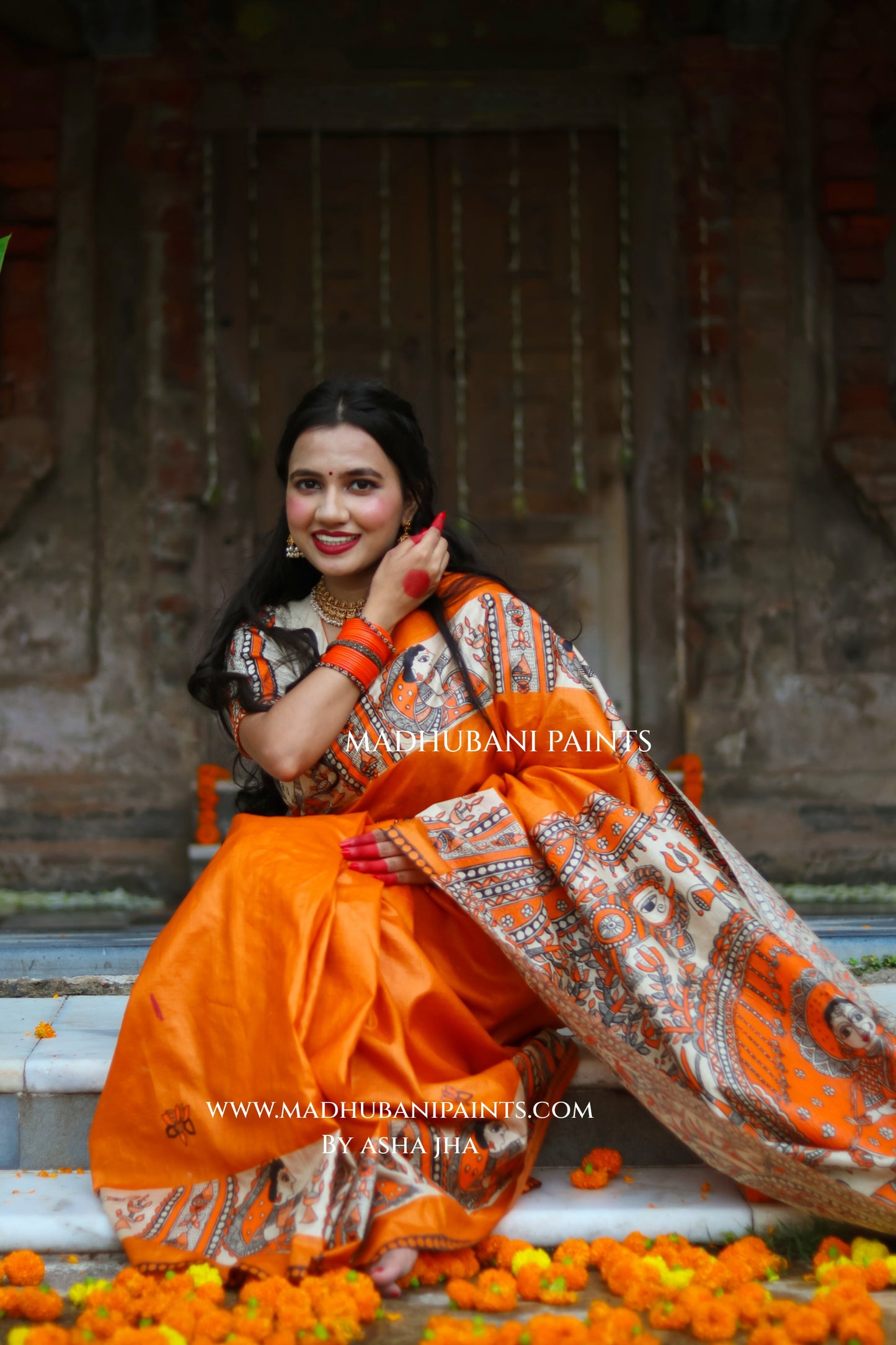 KESARIYA NAINTARA Handpainted Tussar Silk Madhubani Saree Blouse Set