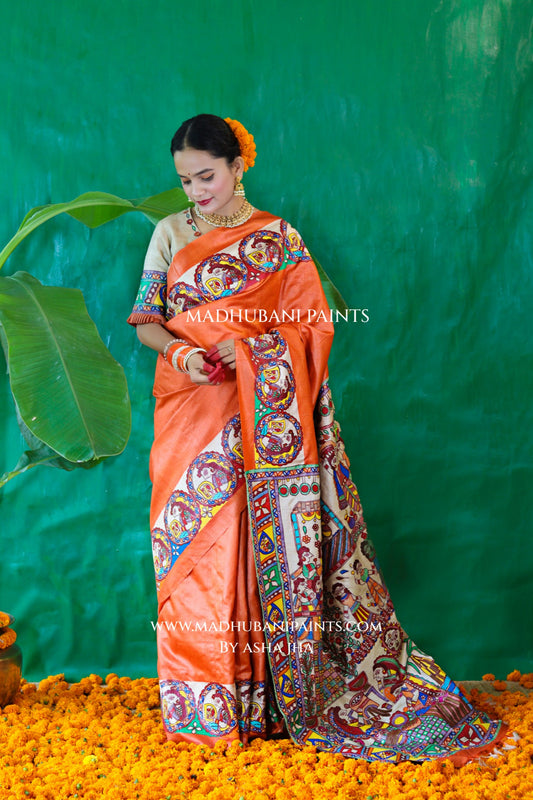 CHHATH PAWAN Handpainted Madhubani Tussar Silk Saree Blouse Set