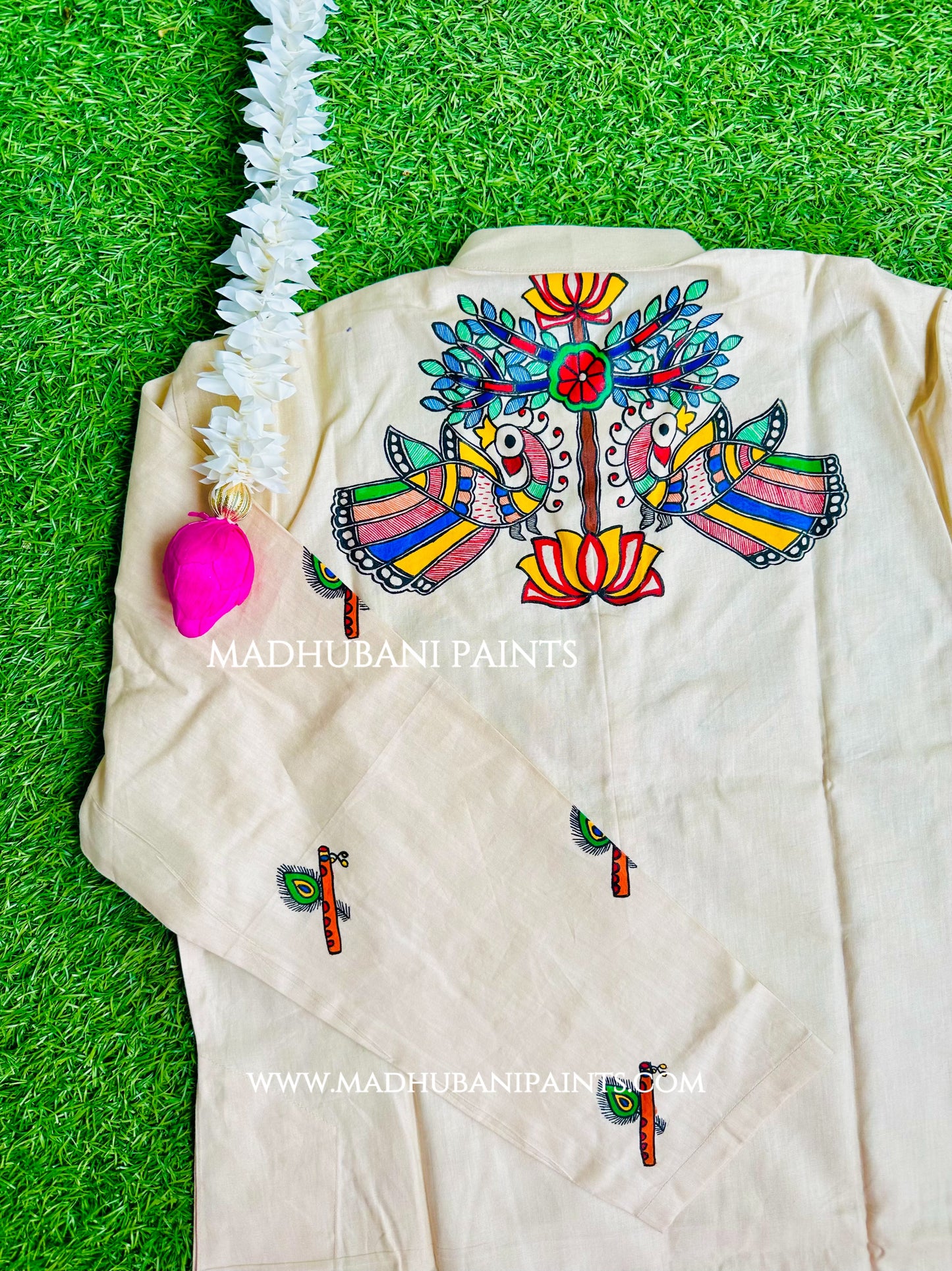 RADHA RAMAN Hand-painted Beige Handloom Men's Cotton Kurta