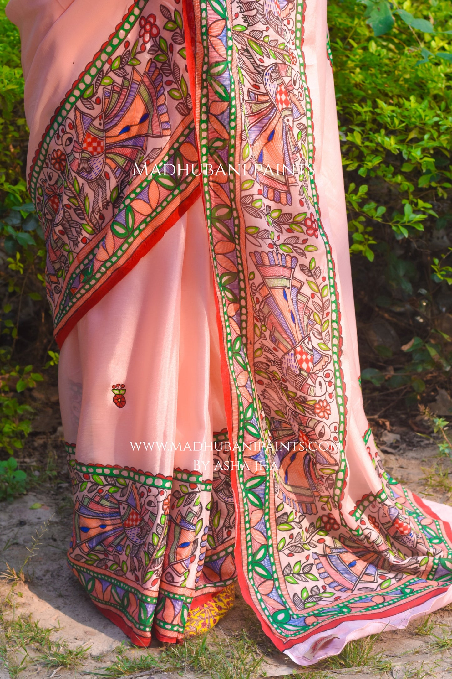 Gulabi Mor Hand-painted Madhubani Chiffon Saree Blouse Set