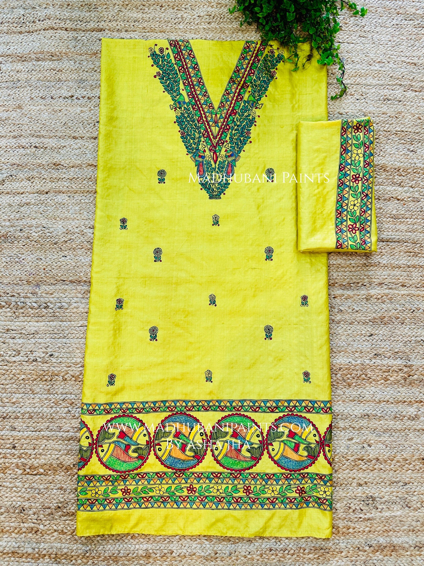 Kohbar Mayur Macchli Handpainted Unstitched Tussar Silk Kurta