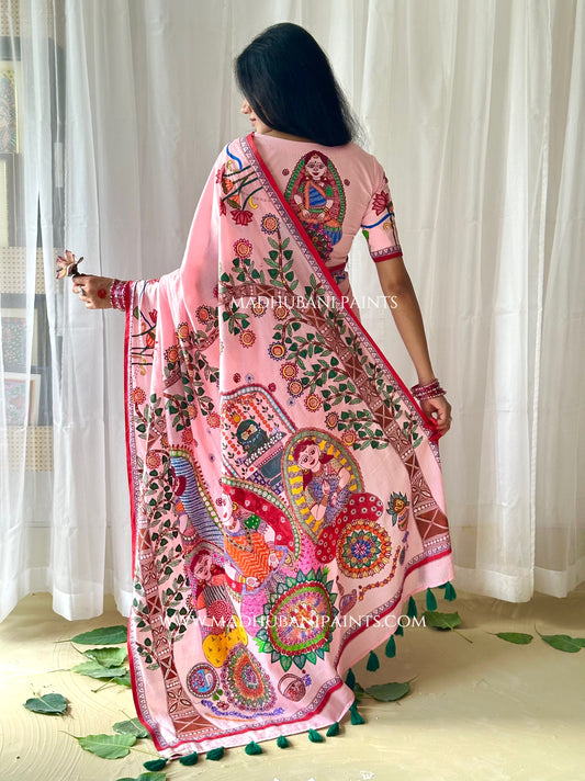 Madhushravani Pink Bridal Hand-painted Madhubani Painting Cotton Saree Blouse Set