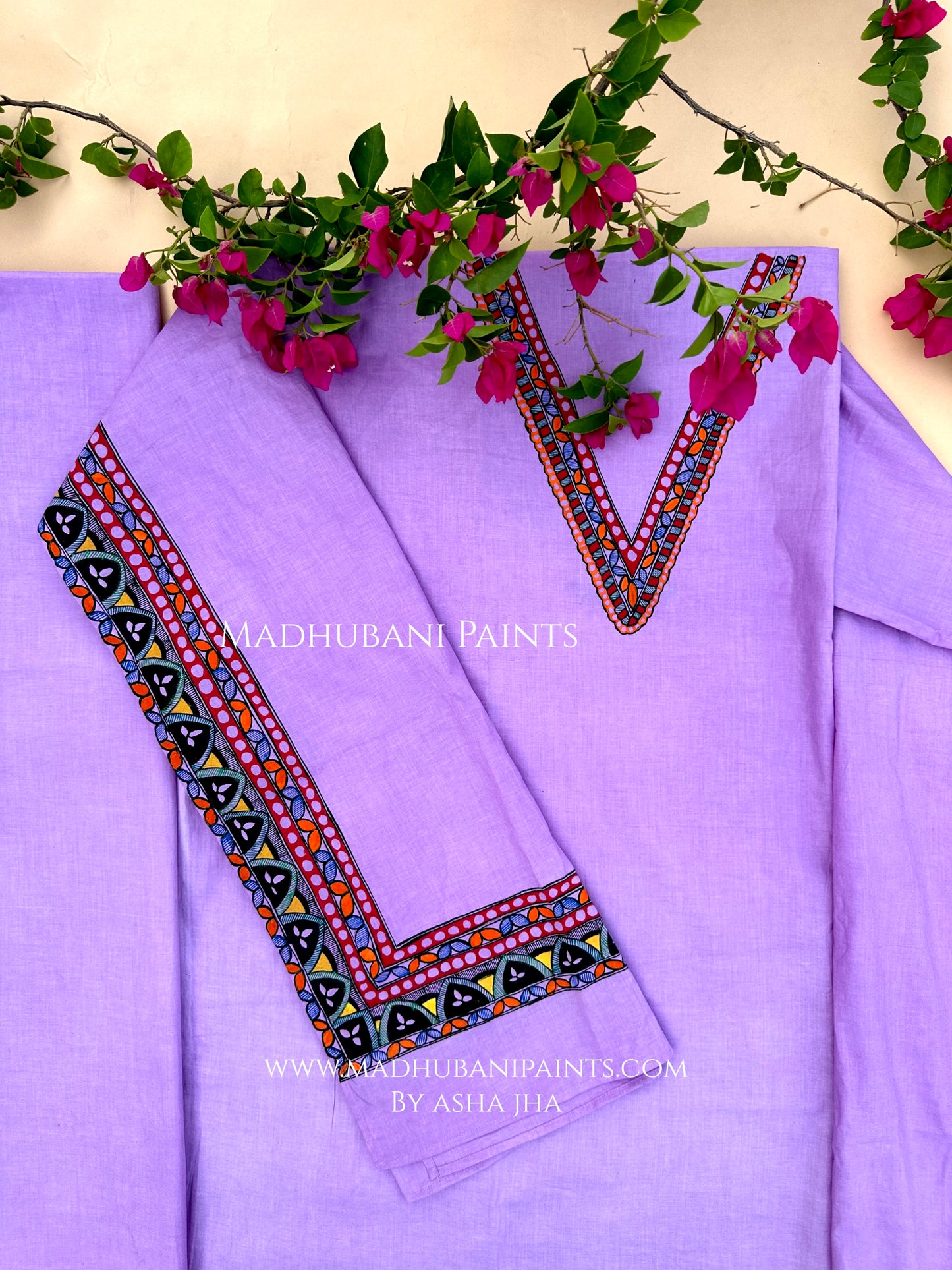 Lilac Radha Krishna Hand-painted Madhubani Painting Cotton Unstitched Kurta Pant Dupatta Set