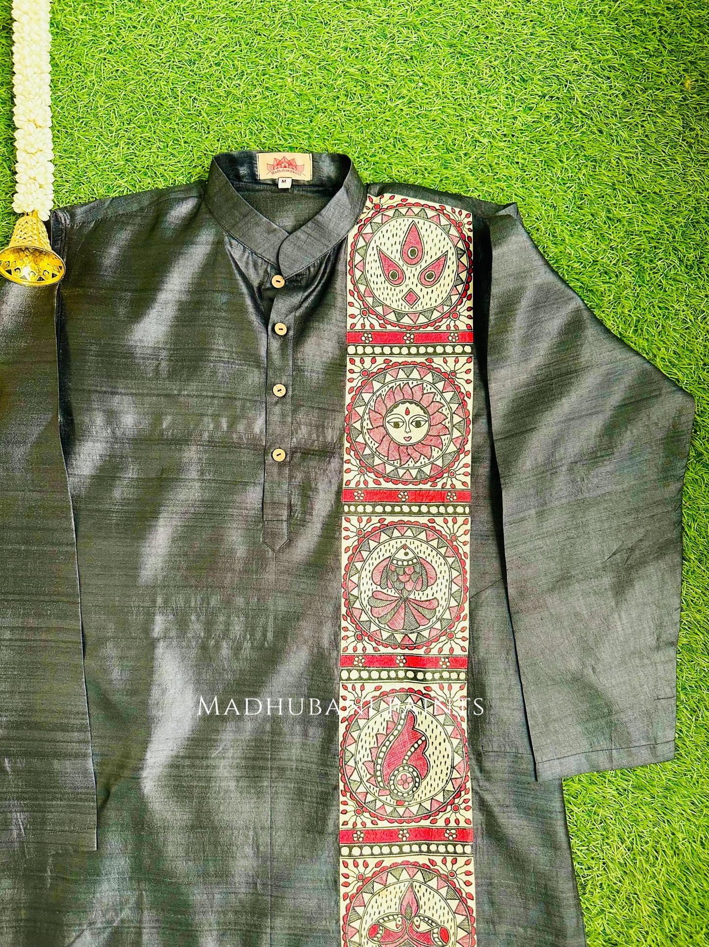 MADHUMATI Hand-painted Beige Madhubani Men's Tussar Silk Kurta