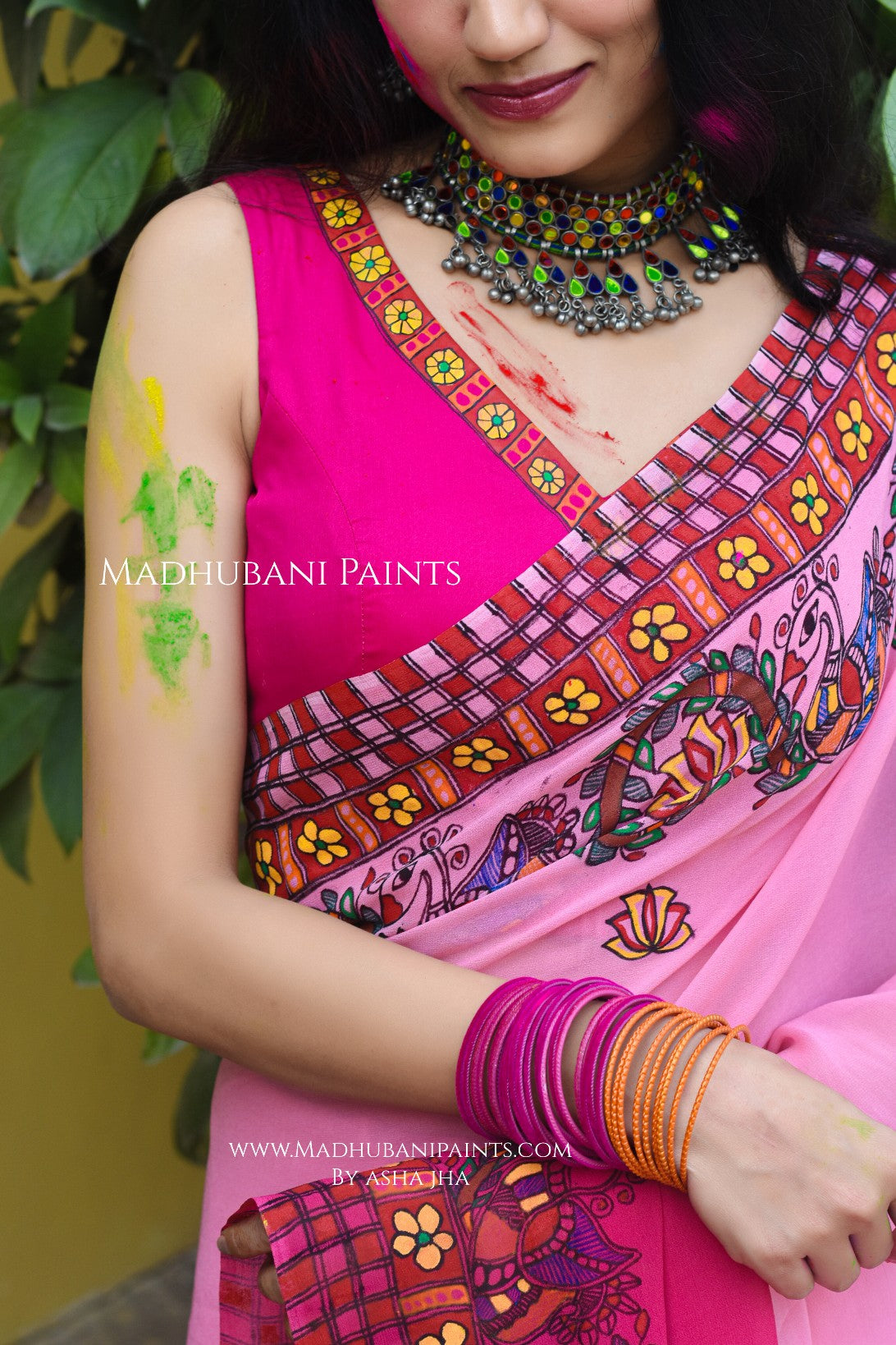 MADNOTSAV Handpainted Madhubani Georgette Saree Blouse Set