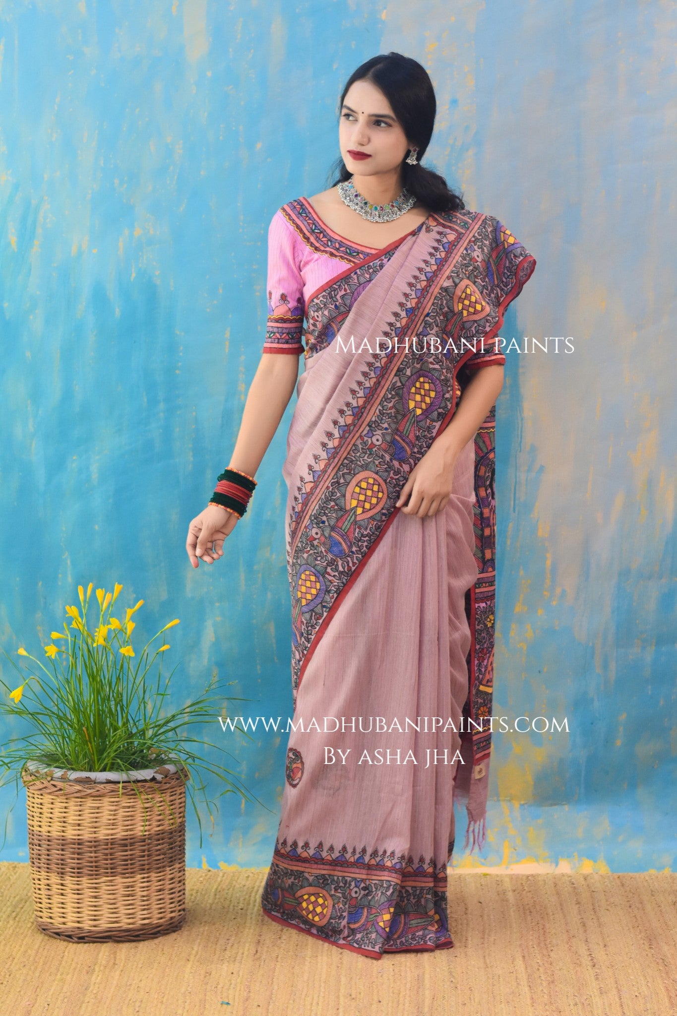 "Gulabi Ramayan" Hand-painted Madhubani Chanderi Saree Blouse Set