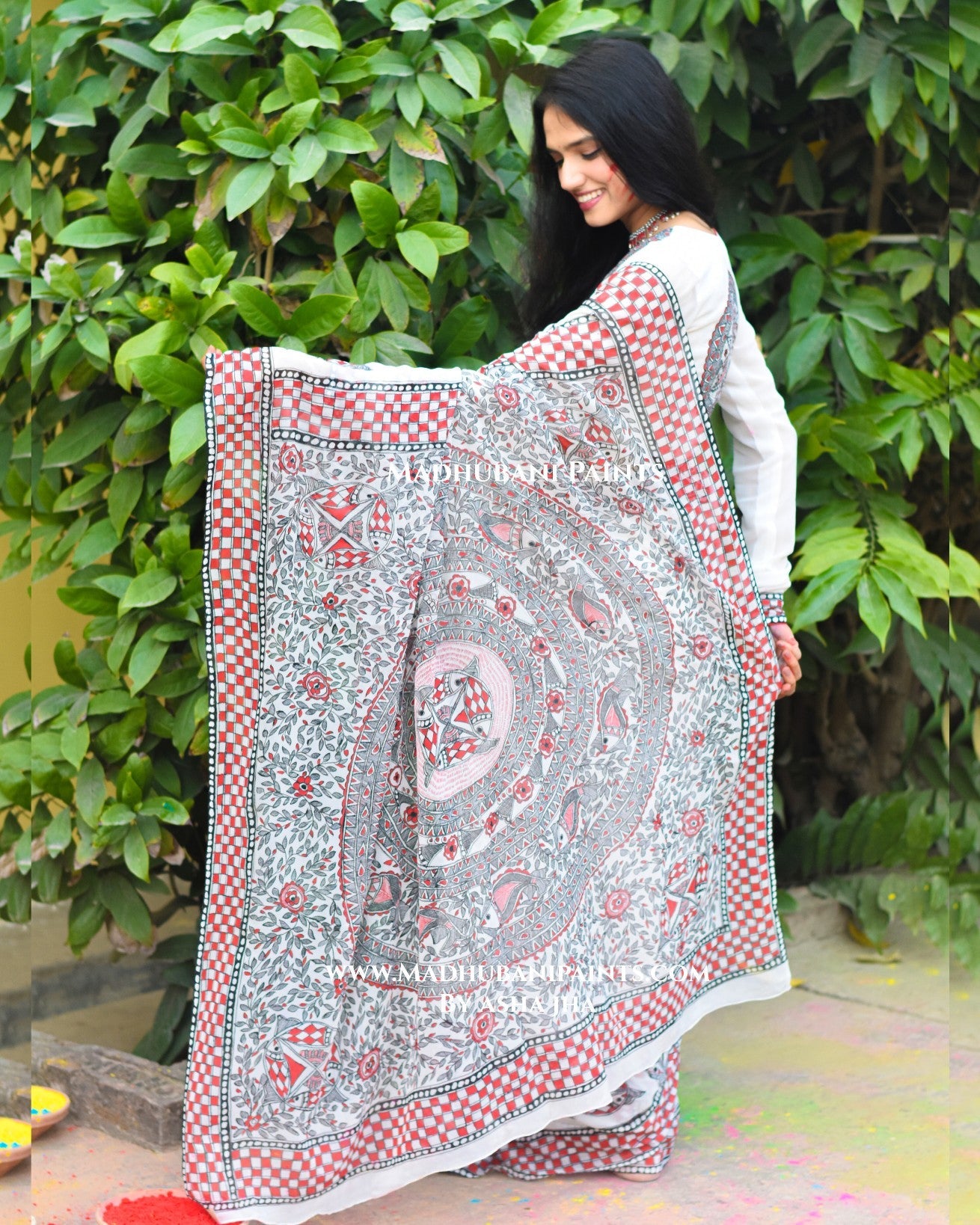 KALRAV Hand-painted Madhubani Georgette Saree Blouse Set