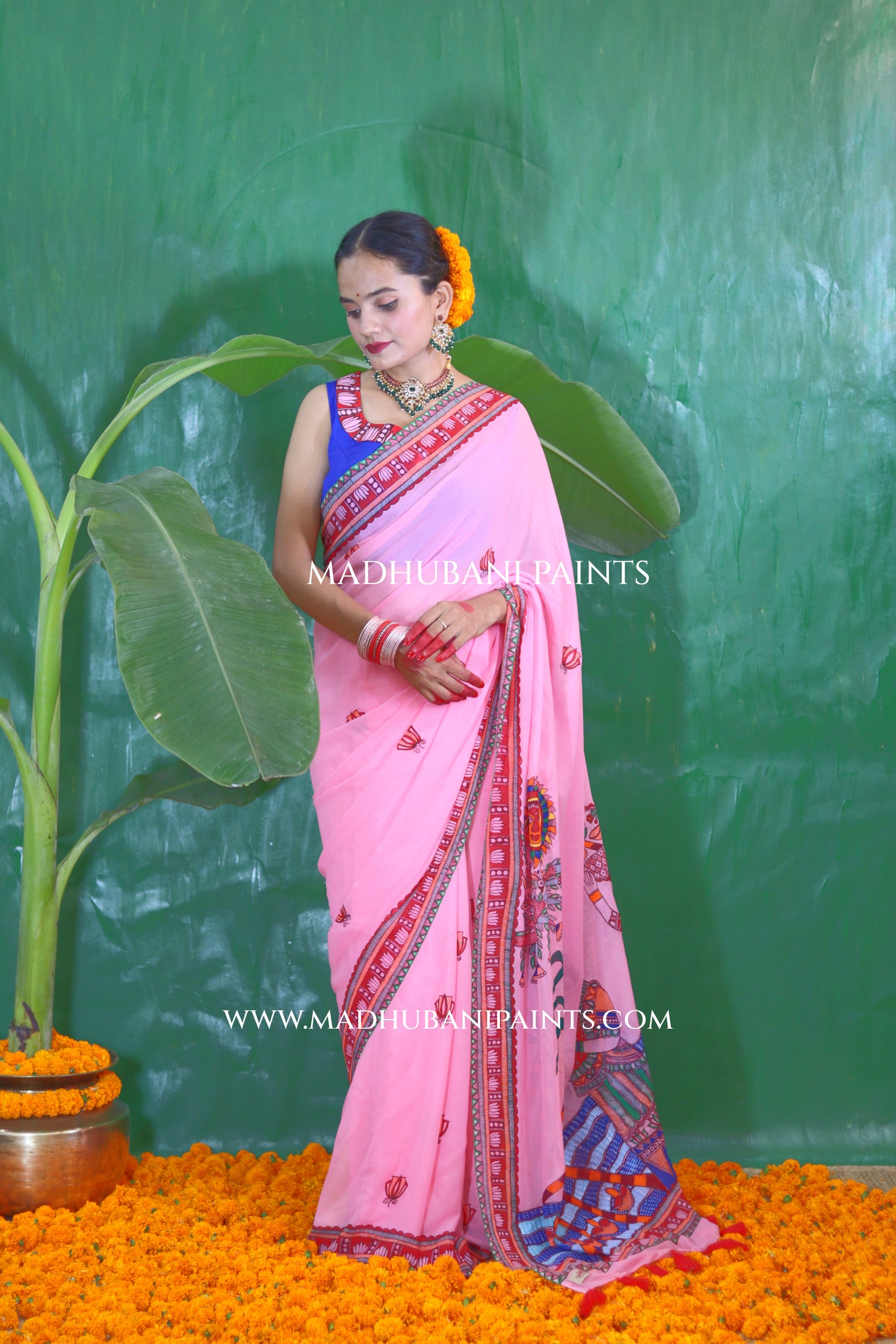 GULABI BHAKTI BHAVA Chhath Puja Hand painted Madhubani Georgette Saree