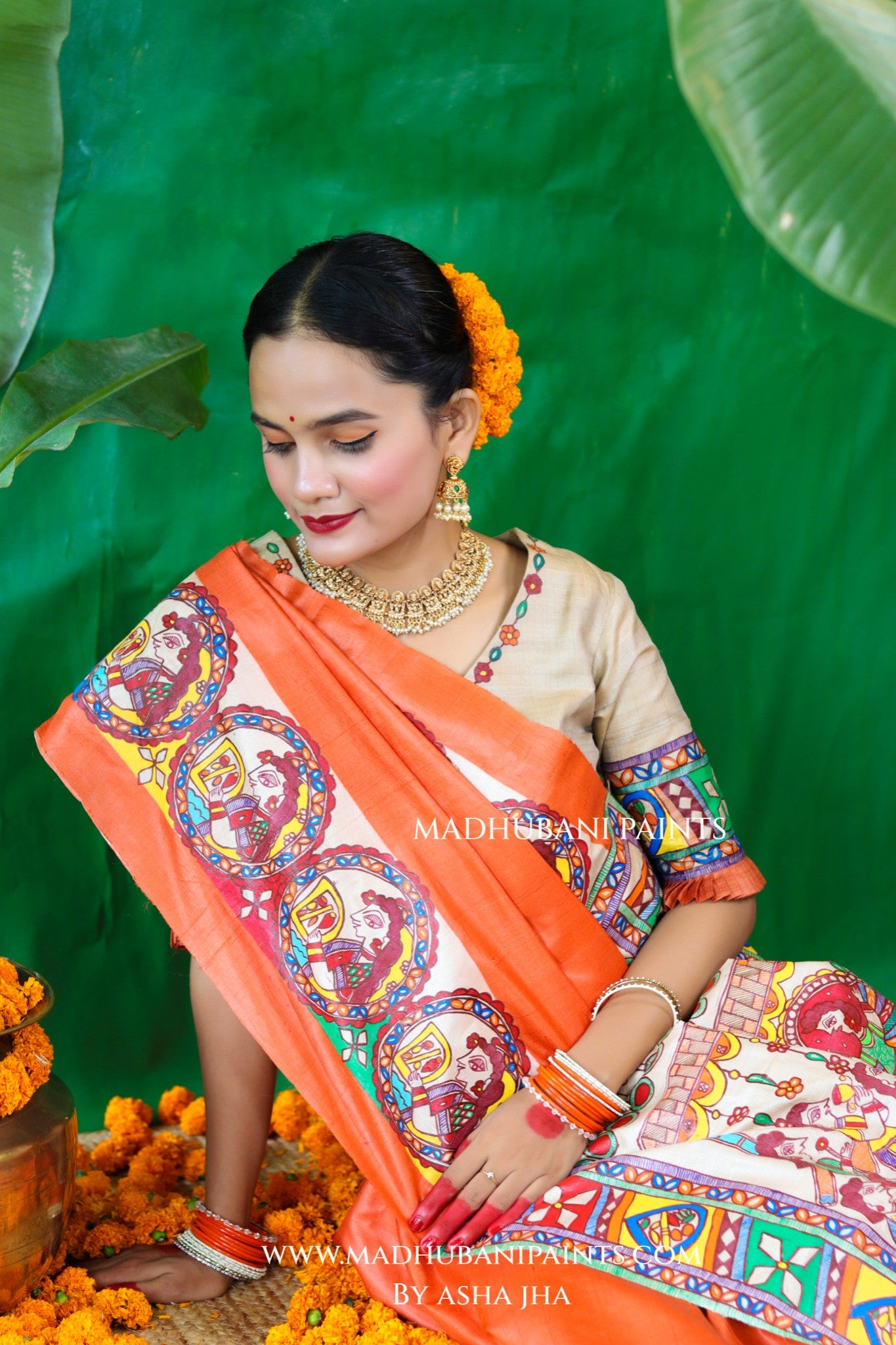 CHHATH PAWAN Handpainted Madhubani Tussar Silk Saree Blouse Set