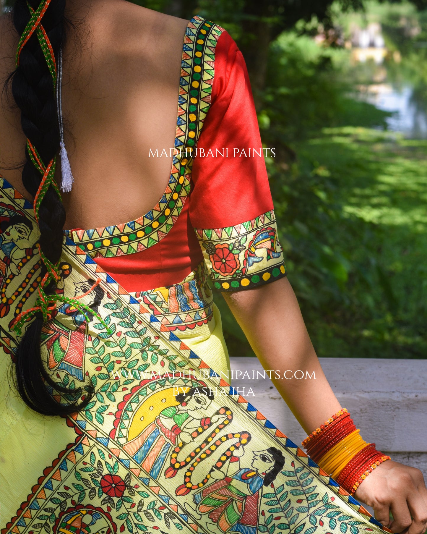 SWAYMBAR Hand-painted Madhubani Chiffon Saree Blouse Set