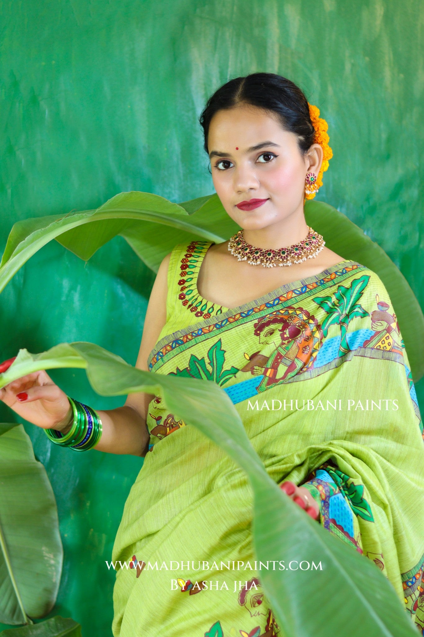 HARIYALI CHHATH Handpainted Madhubani Chanderi Saree Blouse Set