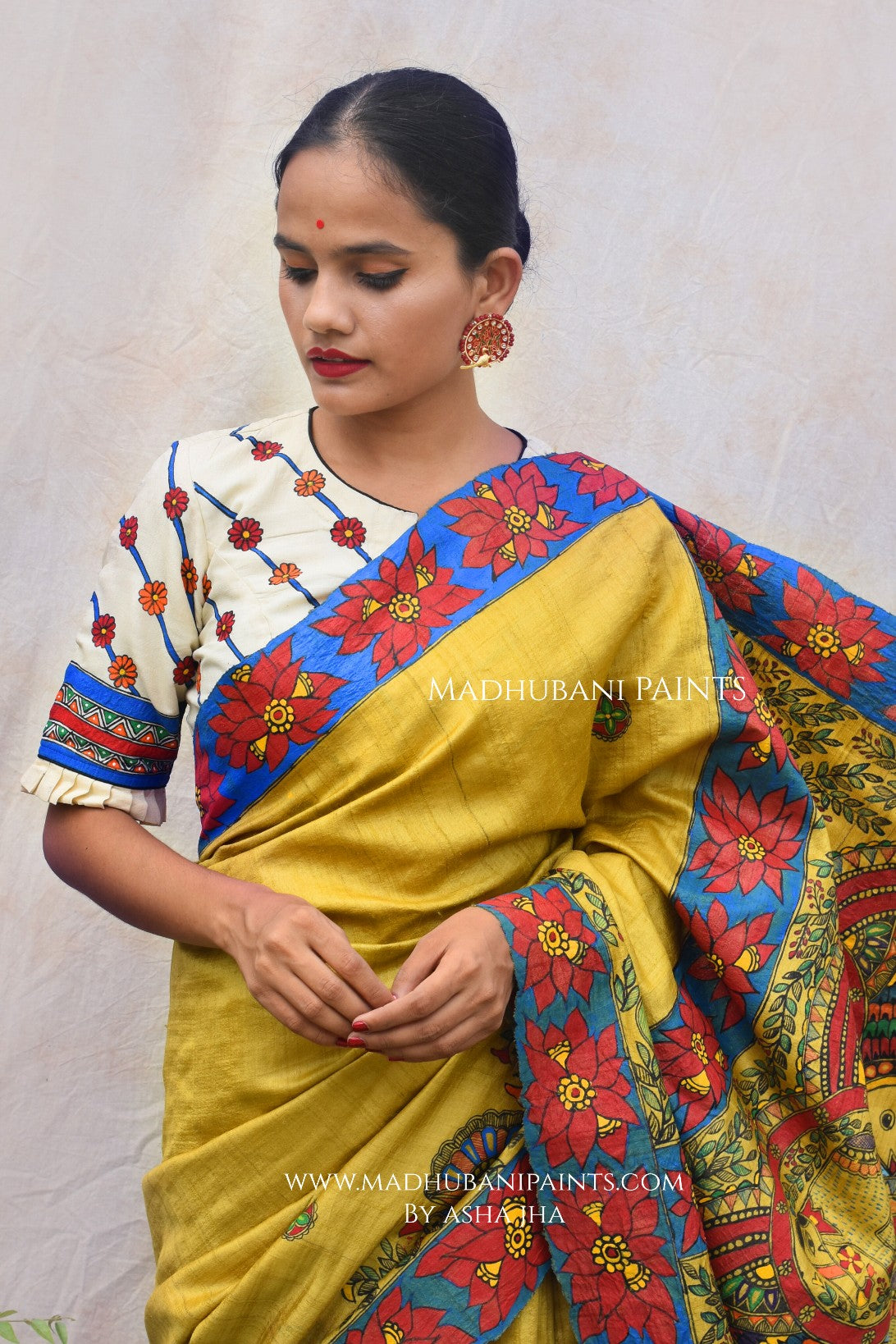GAJANAND MATSYA' Hand Painted Madhubani Tussar Silk Saree Blouse Set