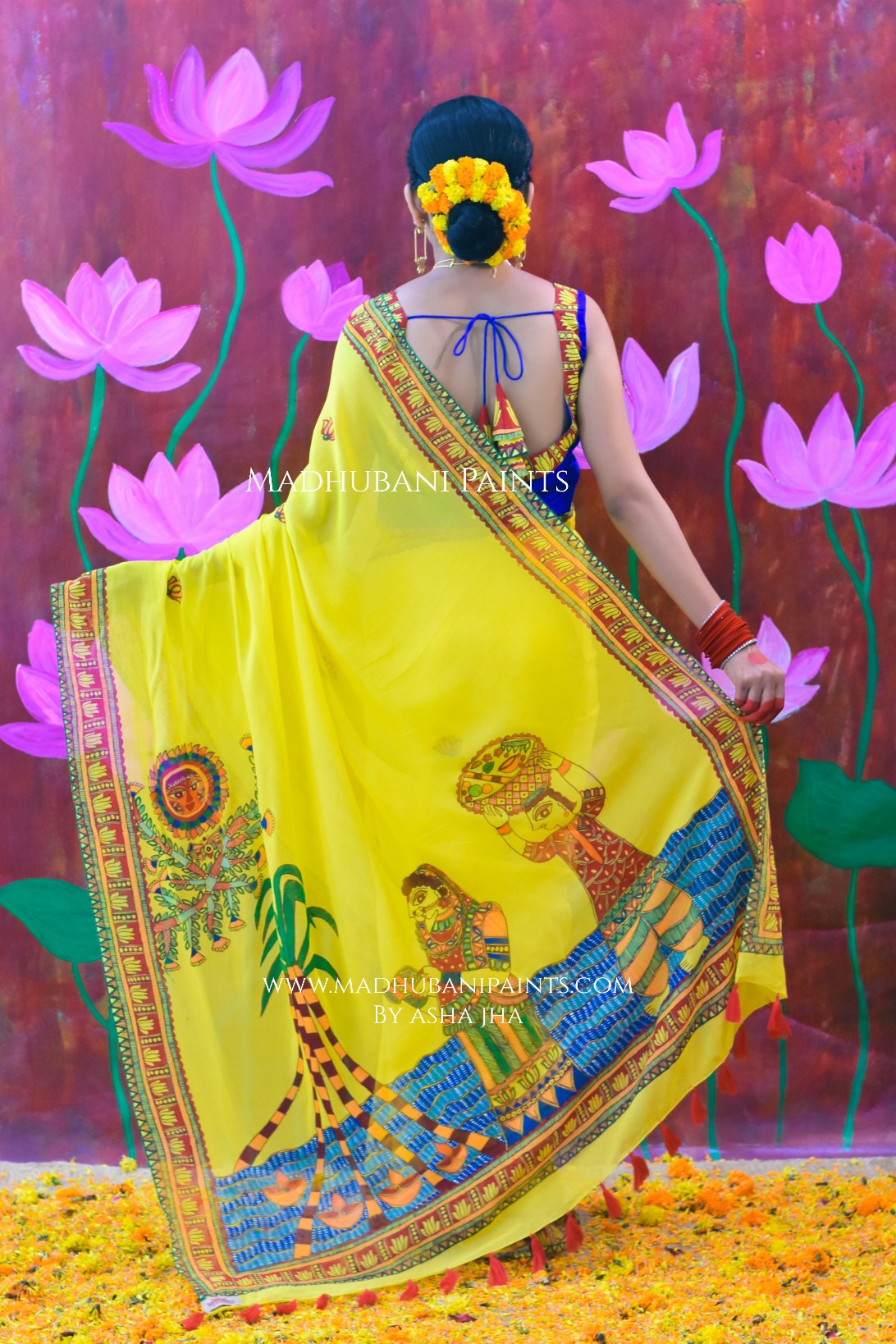 BHAKTI BHAVA Chhath Puja Hand painted Madhubani Georgette Saree Blouse Set