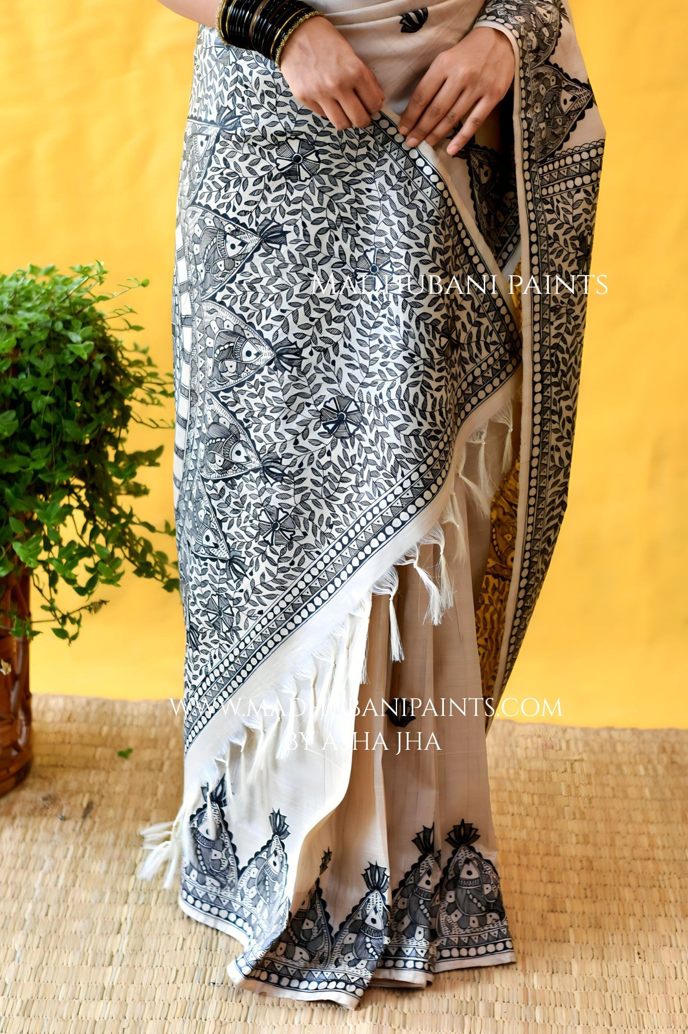 KAMAL MANDALI Hand-painted Madhubani Tussar Silk Saree Blouse Set