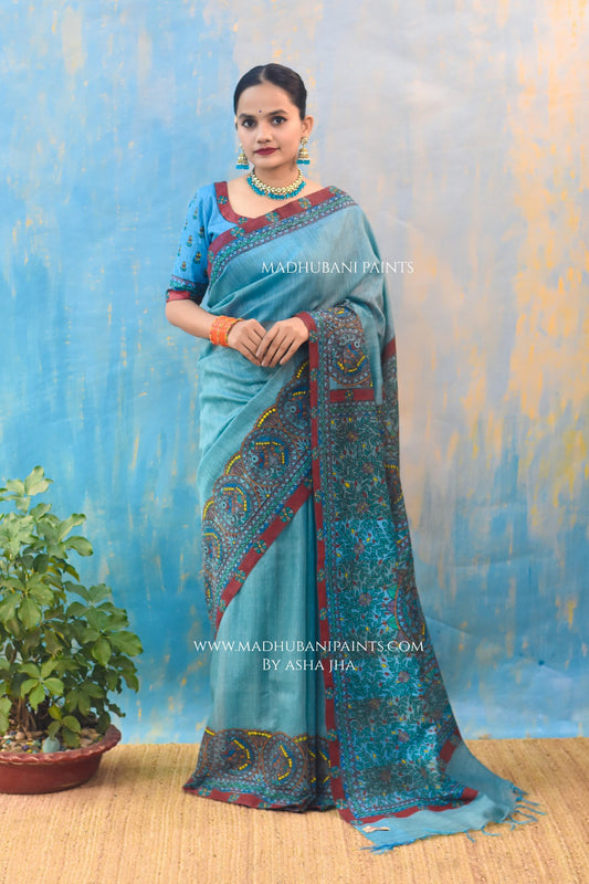 AASMANI MAYURI Handpainted Madhubani Chanderi Saree