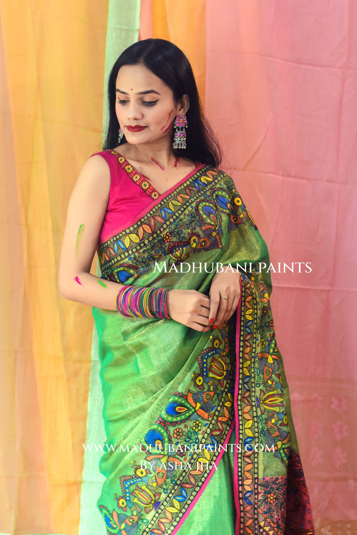 GULAL Hand-painted Madhubani Tissue Linen Saree